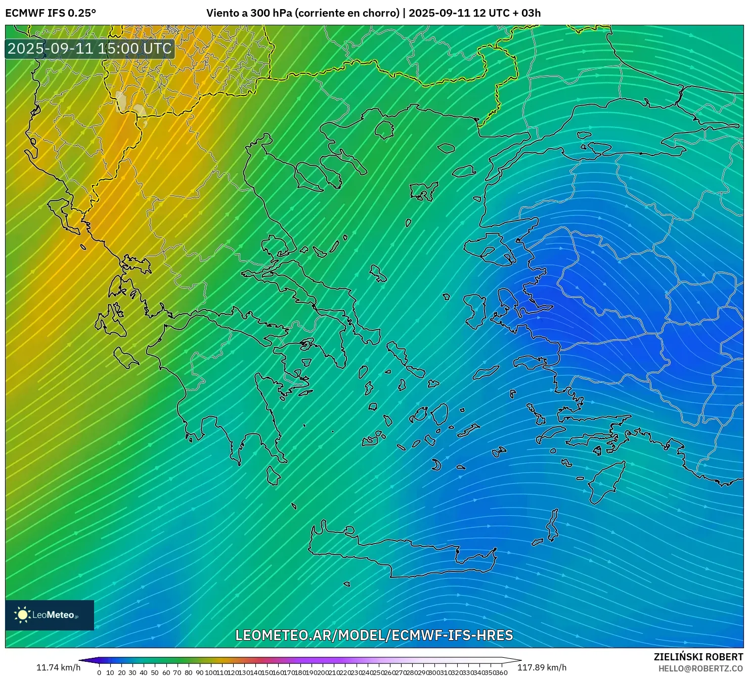 ECMWF IFS 0.25° model - Grecia, Viento a 300 hPa (corriente en chorro)