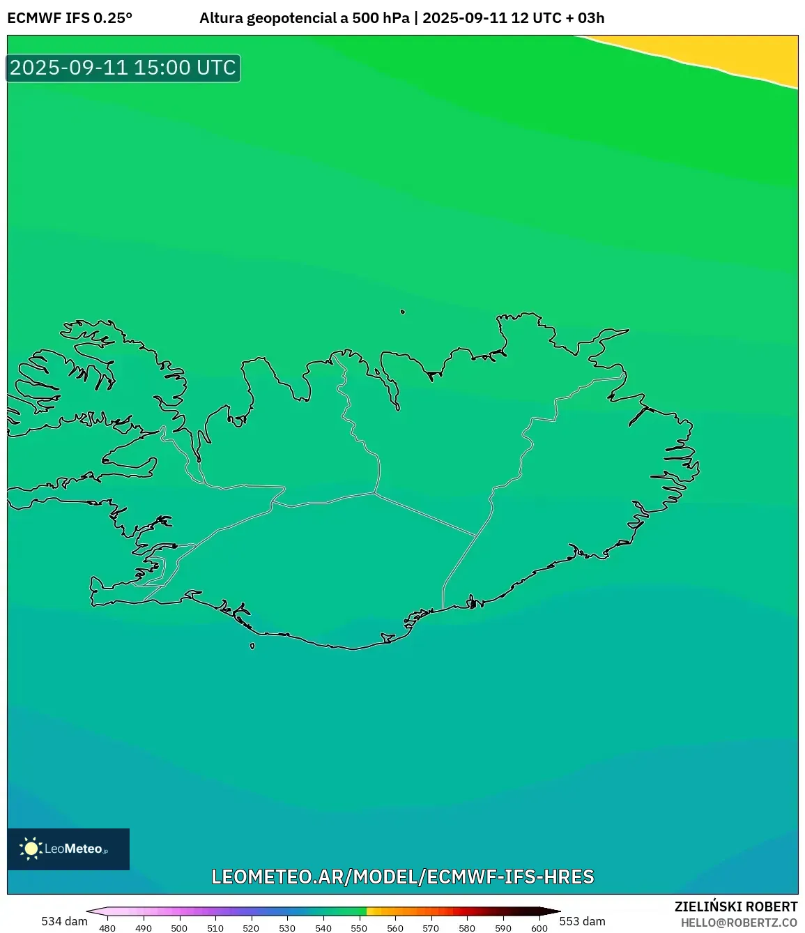 ECMWF IFS 0.25° model - Islandia, Altura geopotencial a 500 hPa