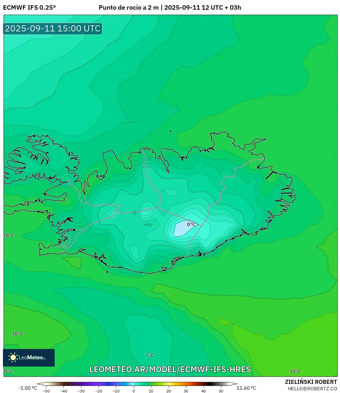 ECMWF IFS 0.25° model - Islandia, Punto de rocío a 2 m ECMWF IFS 0.25° model - Islandia, Punto de rocío a 2 m