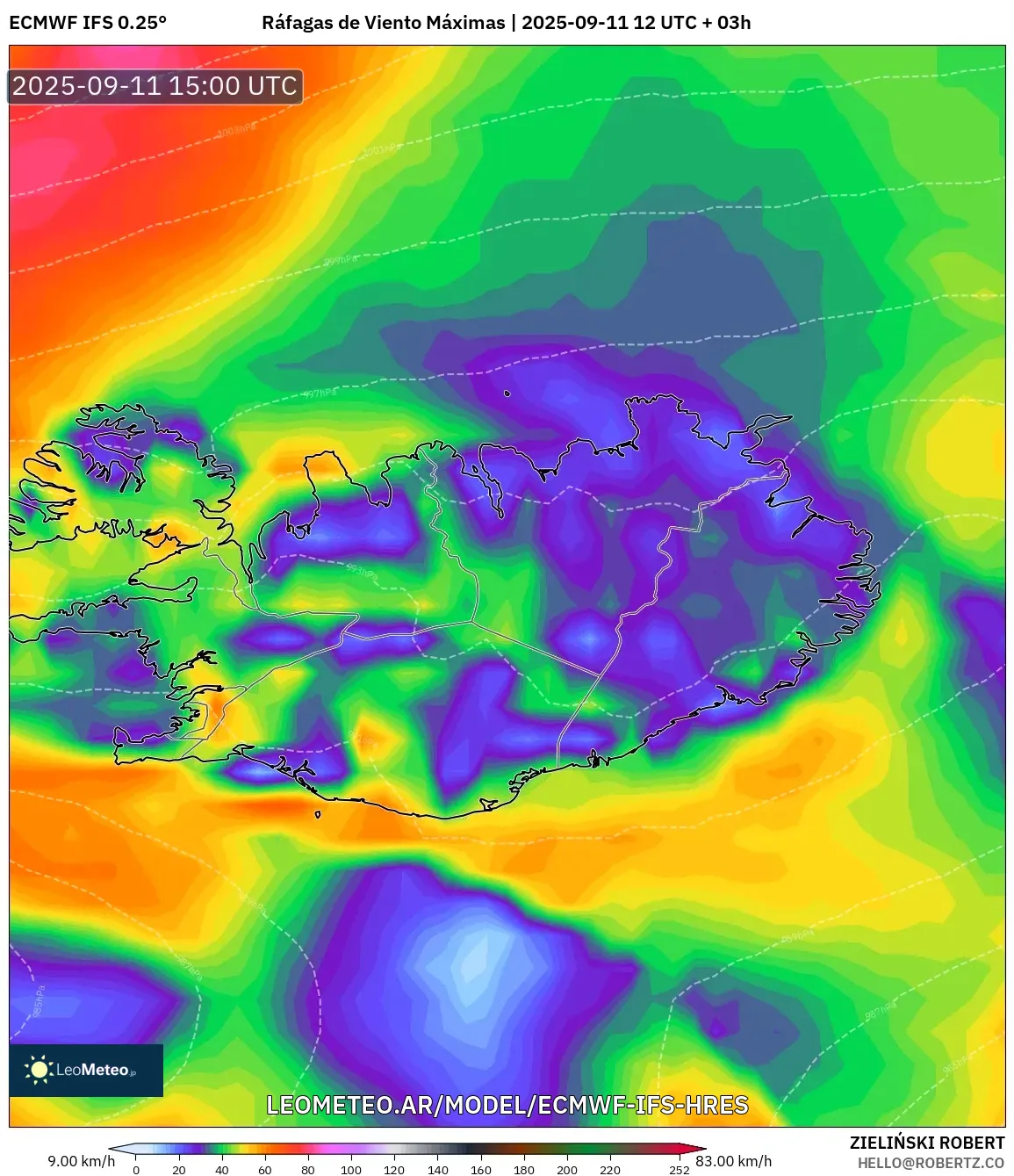 ECMWF IFS 0.25° model - Islandia, Ráfagas de Viento Máximas ECMWF IFS 0.25° model - Islandia, Ráfagas de Viento Máximas