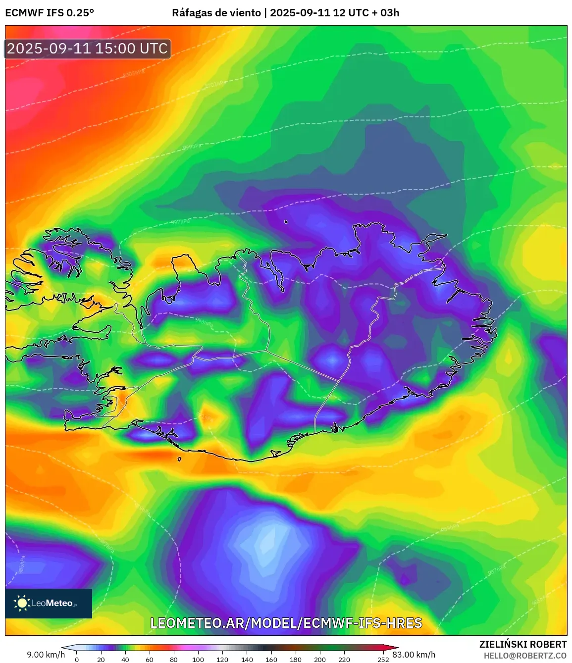 ECMWF IFS 0.25° model - Islandia, Ráfagas de viento ECMWF IFS 0.25° model - Islandia, Ráfagas de viento