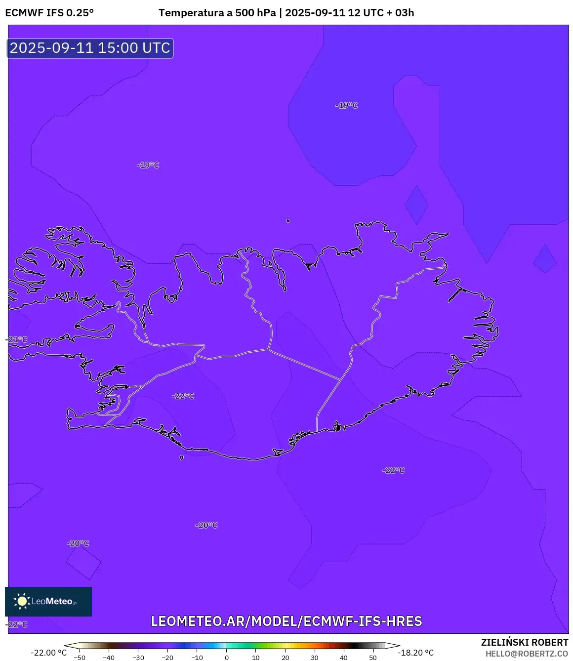 ECMWF IFS 0.25° model - Islandia, Temperatura a 500 hPa