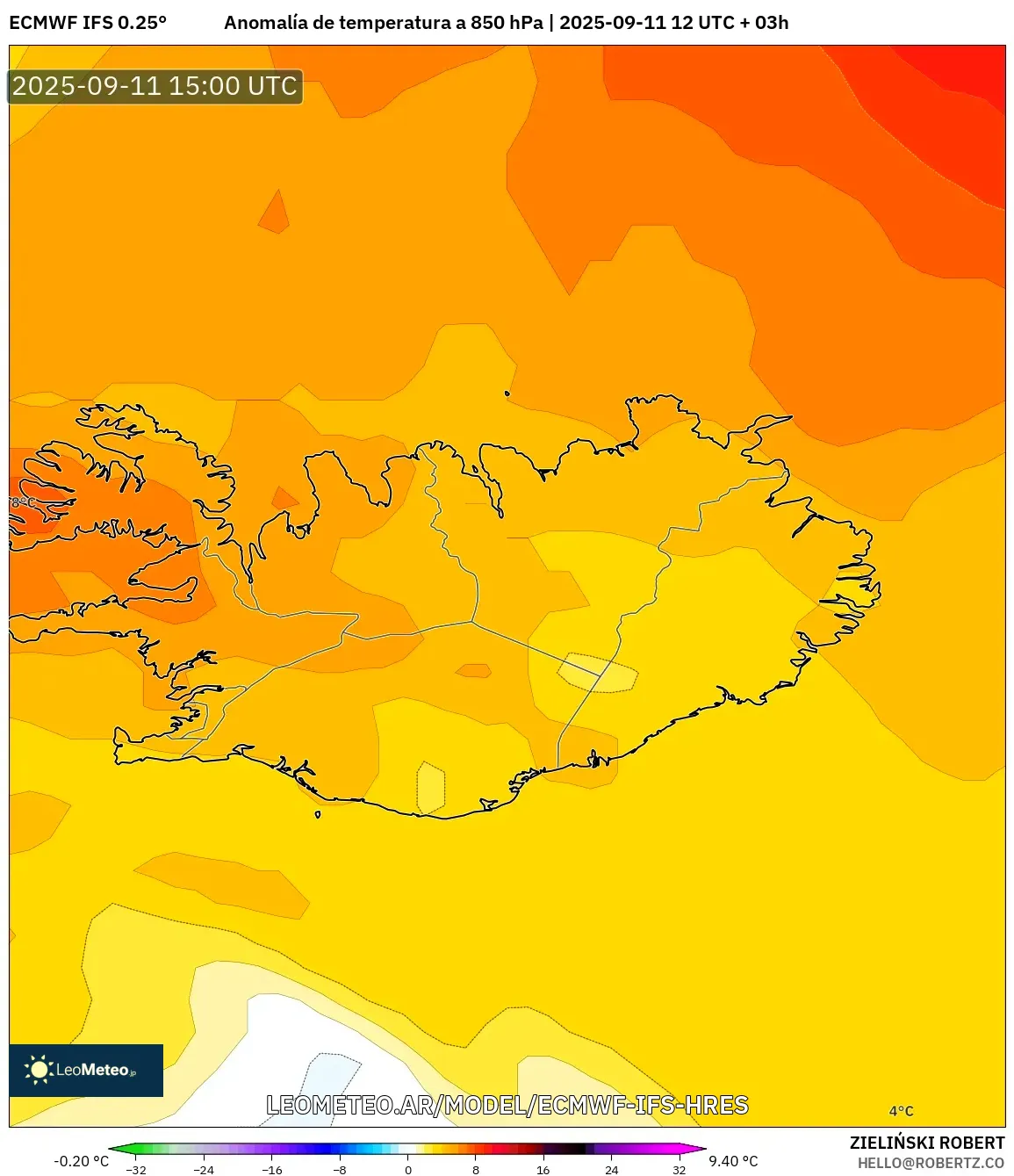 ECMWF IFS 0.25° model - Islandia, Anomalía de temperatura a 850 hPa