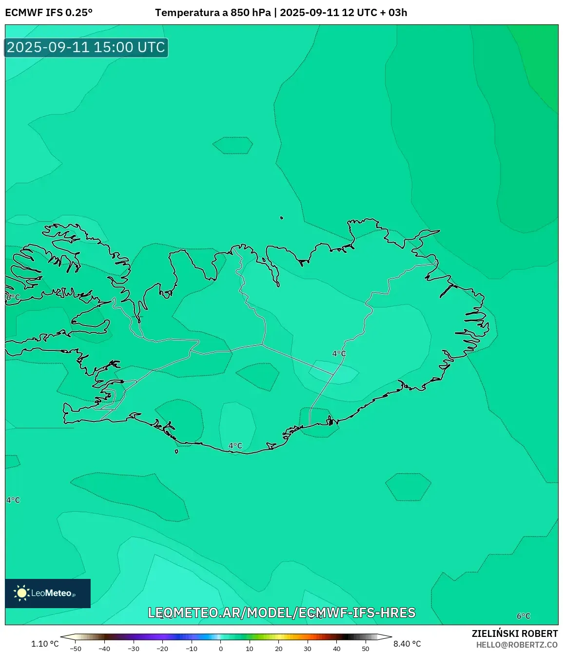 ECMWF IFS 0.25° model - Islandia, Temperatura a 850 hPa