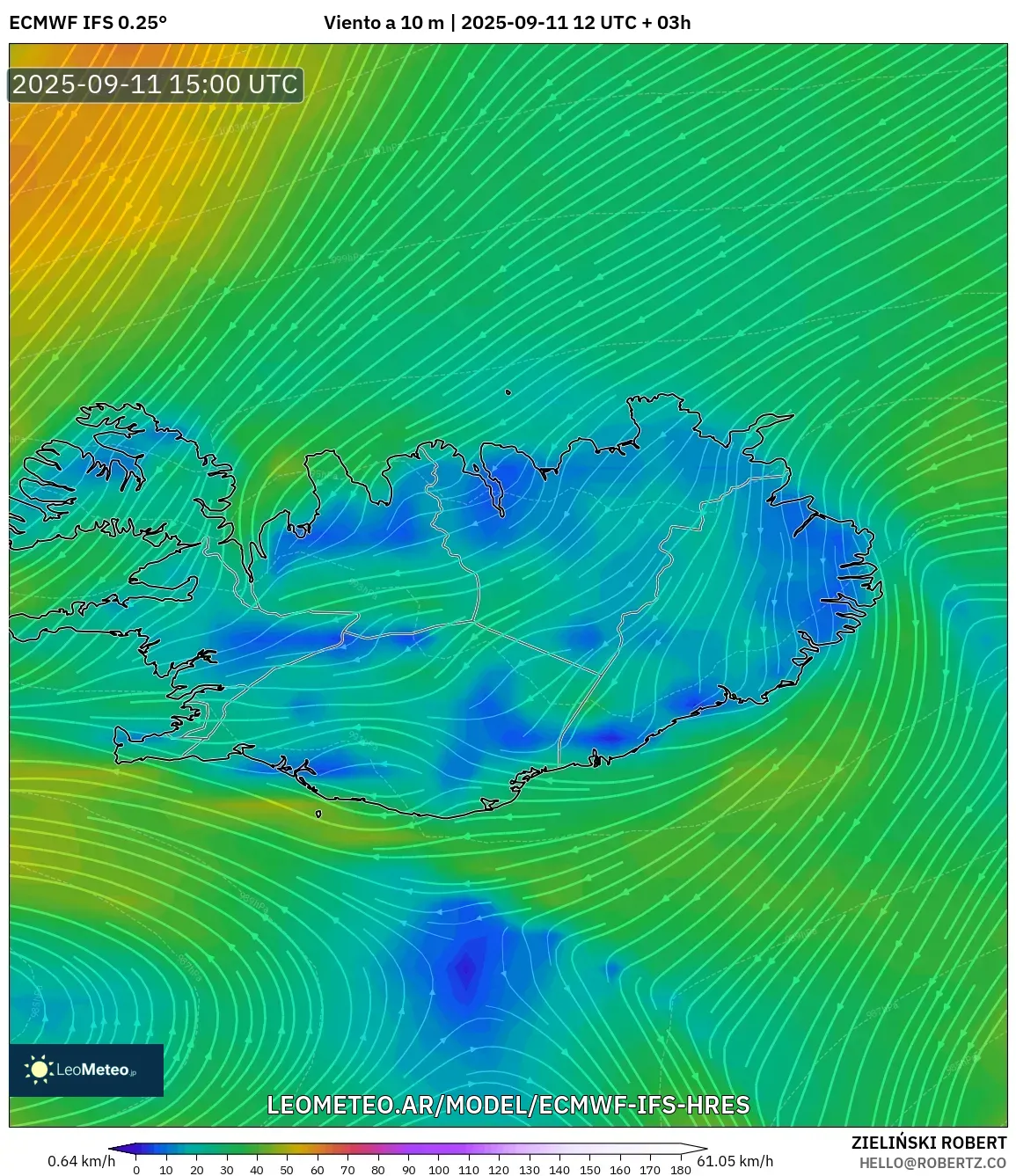 ECMWF IFS 0.25° model - Islandia, Viento a 10 m ECMWF IFS 0.25° model - Islandia, Viento a 10 m