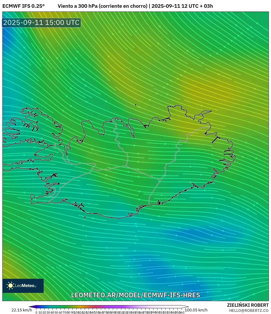 ECMWF IFS 0.25° model - Islandia, Viento a 300 hPa (corriente en chorro)