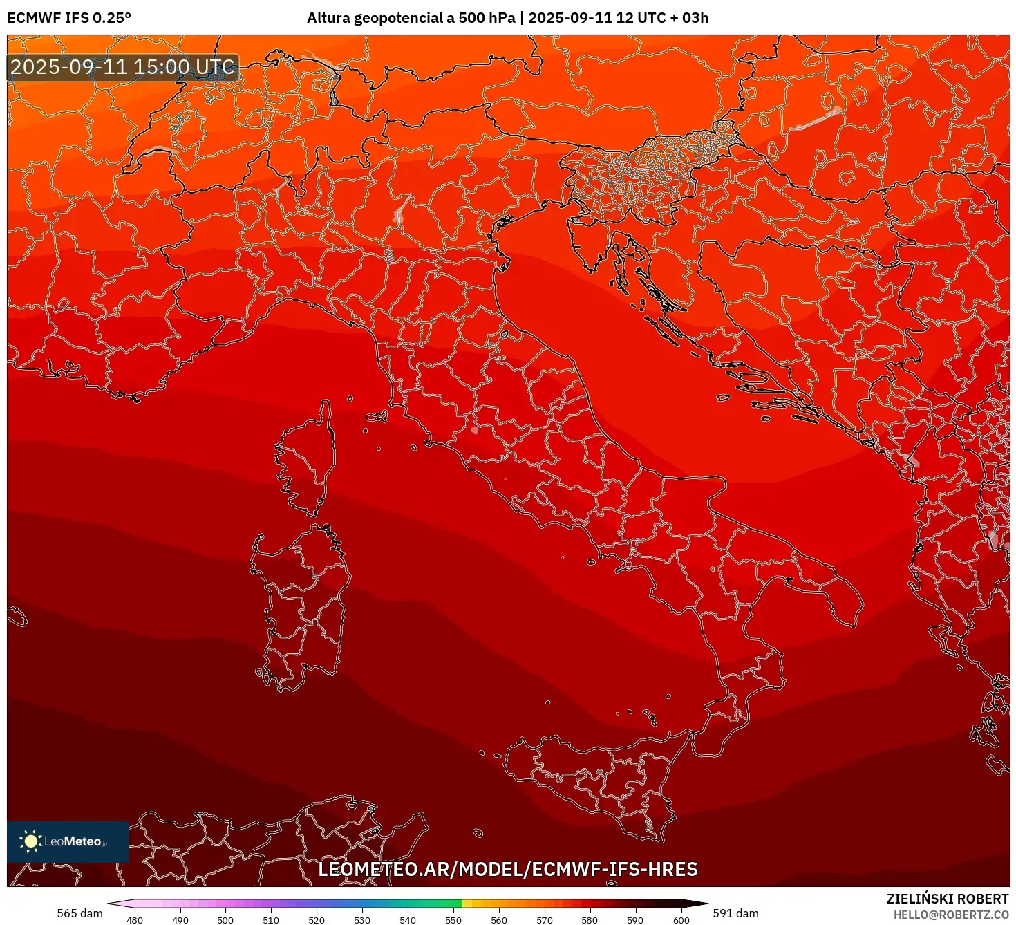 ECMWF IFS 0.25° model - Italia, Altura geopotencial a 500 hPa