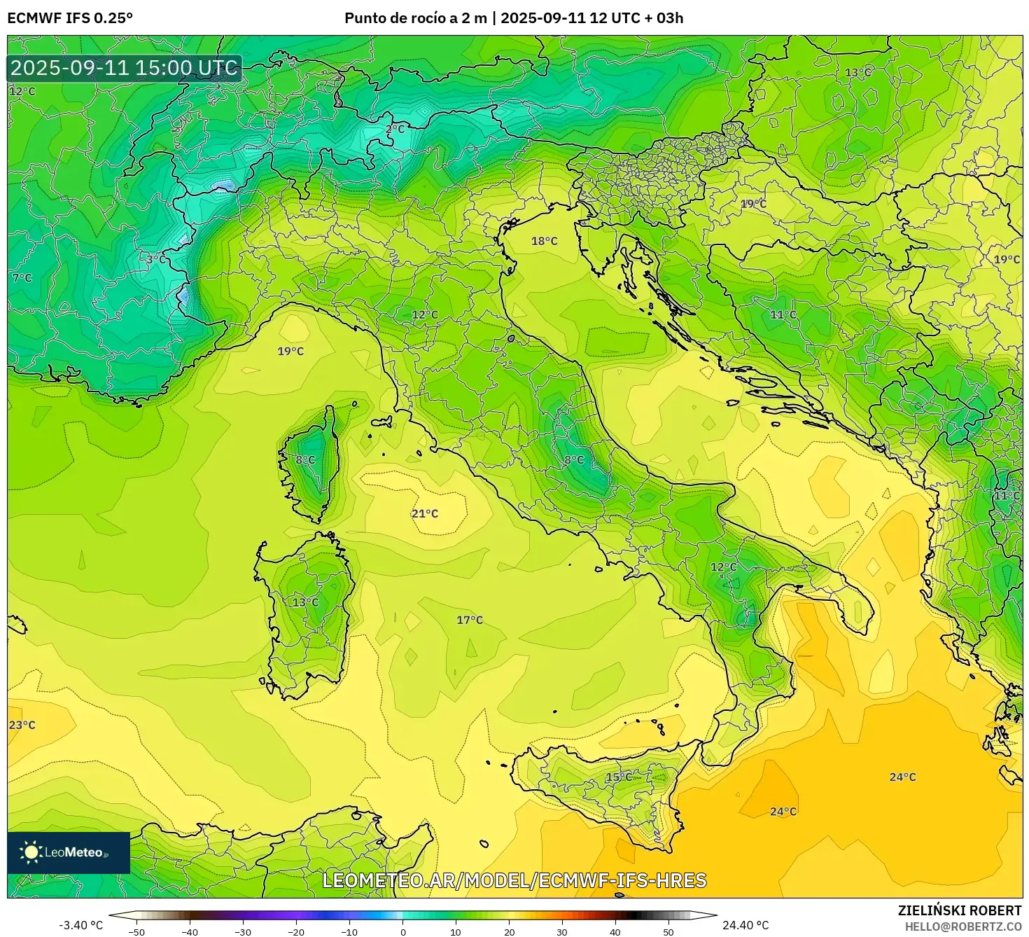 ECMWF IFS 0.25° model - Italia, Punto de rocío a 2 m
