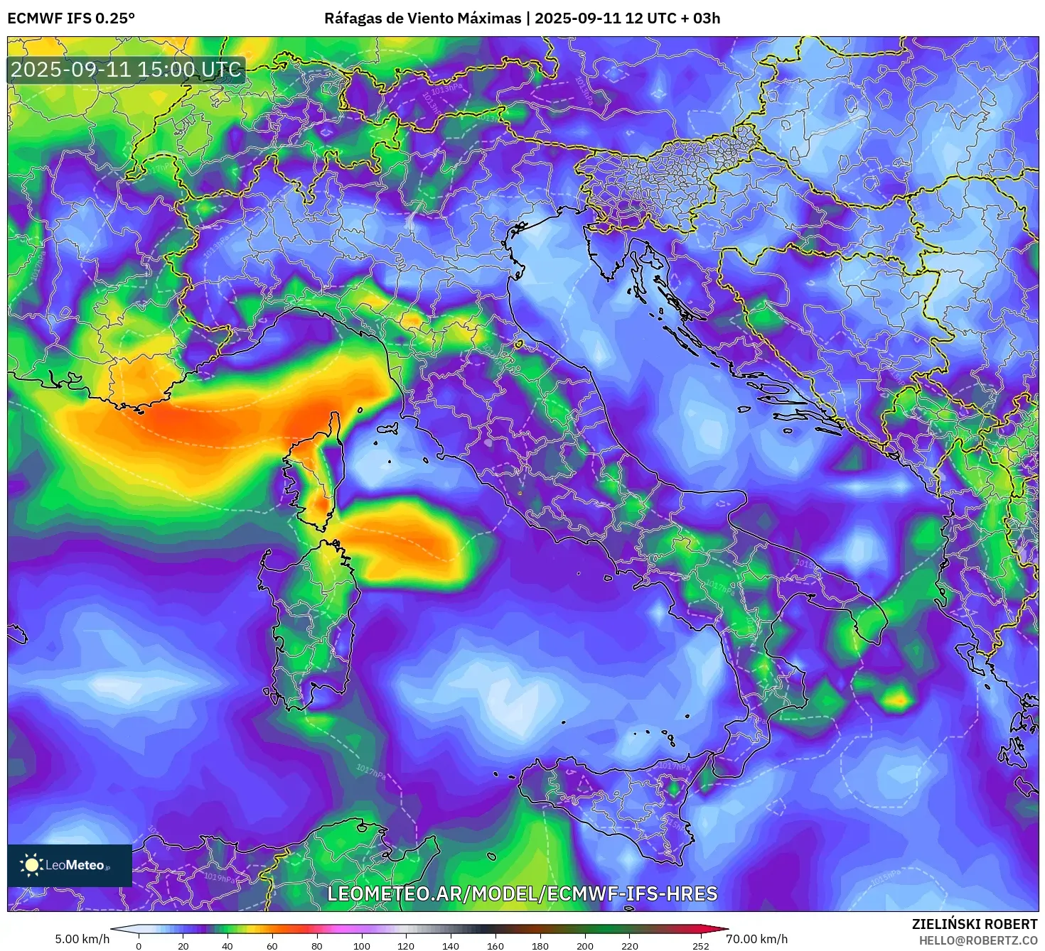 ECMWF IFS 0.25° model - Italia, Ráfagas de Viento Máximas