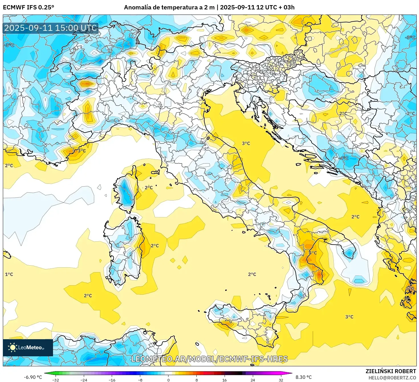 ECMWF IFS 0.25° model - Italia, Anomalía de temperatura a 2 m