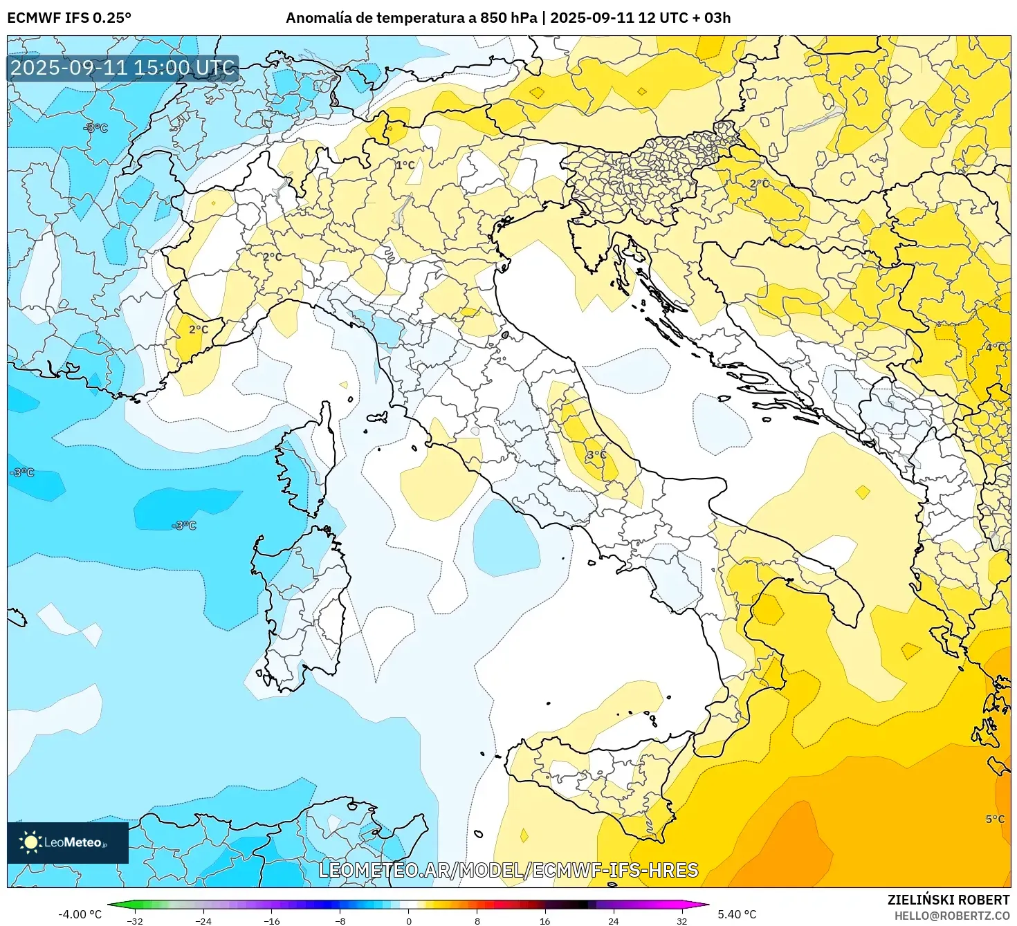 ECMWF IFS 0.25° model - Italia, Anomalía de temperatura a 850 hPa ECMWF IFS 0.25° model - Italia, Anomalía de temperatura a 850 hPa