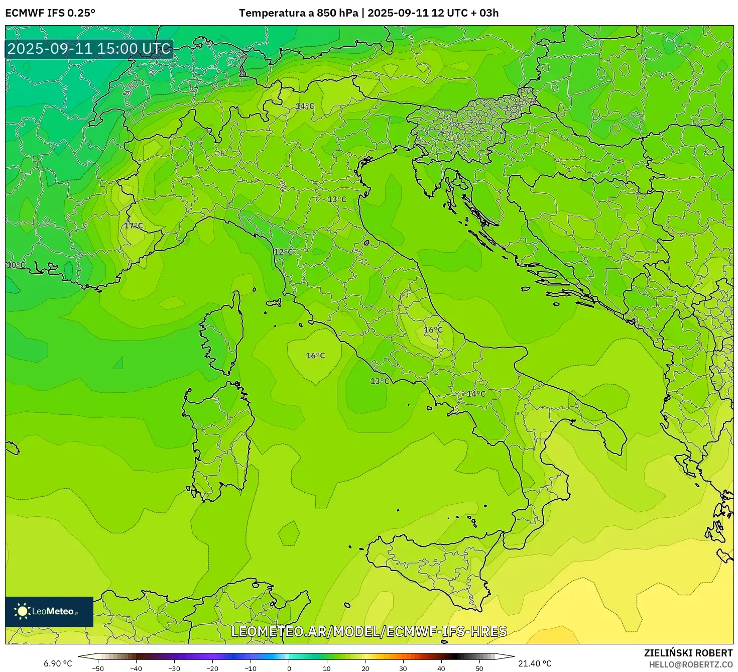 ECMWF IFS 0.25° model - Italia, Temperatura a 850 hPa