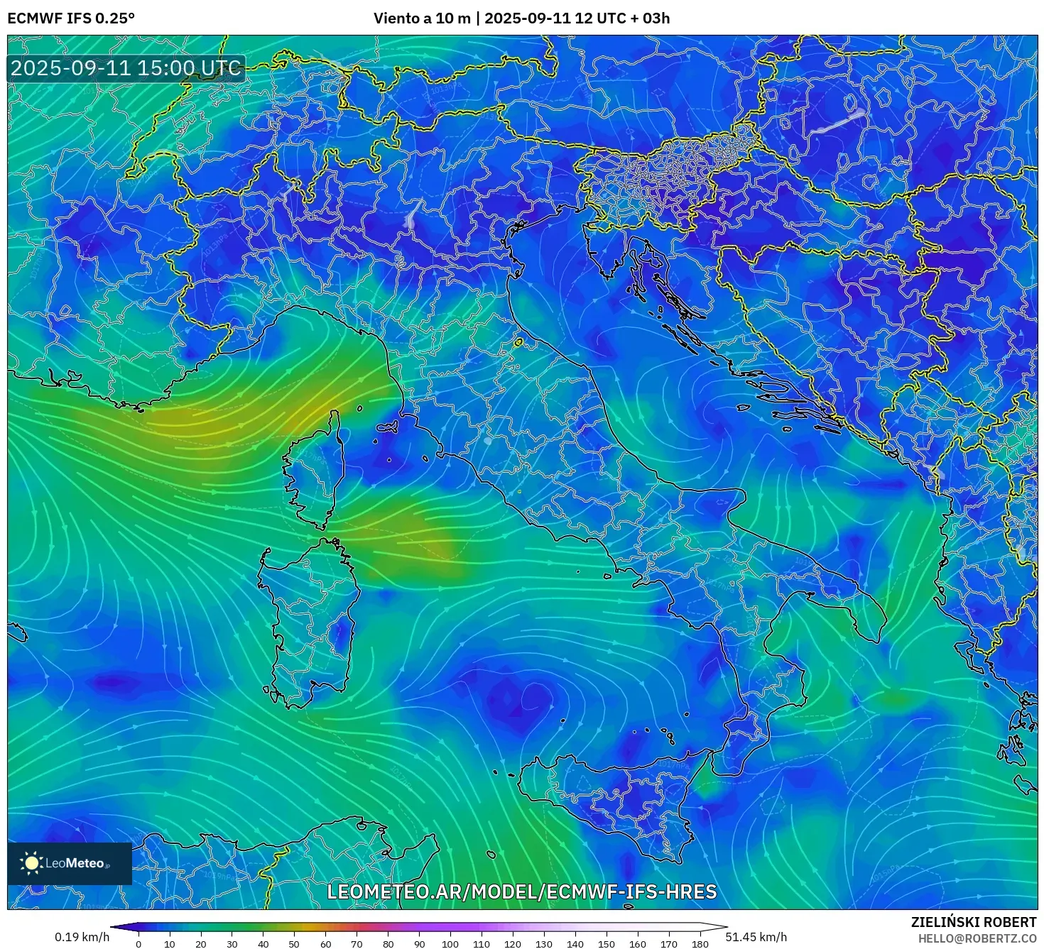 ECMWF IFS 0.25° model - Italia, Viento a 10 m ECMWF IFS 0.25° model - Italia, Viento a 10 m
