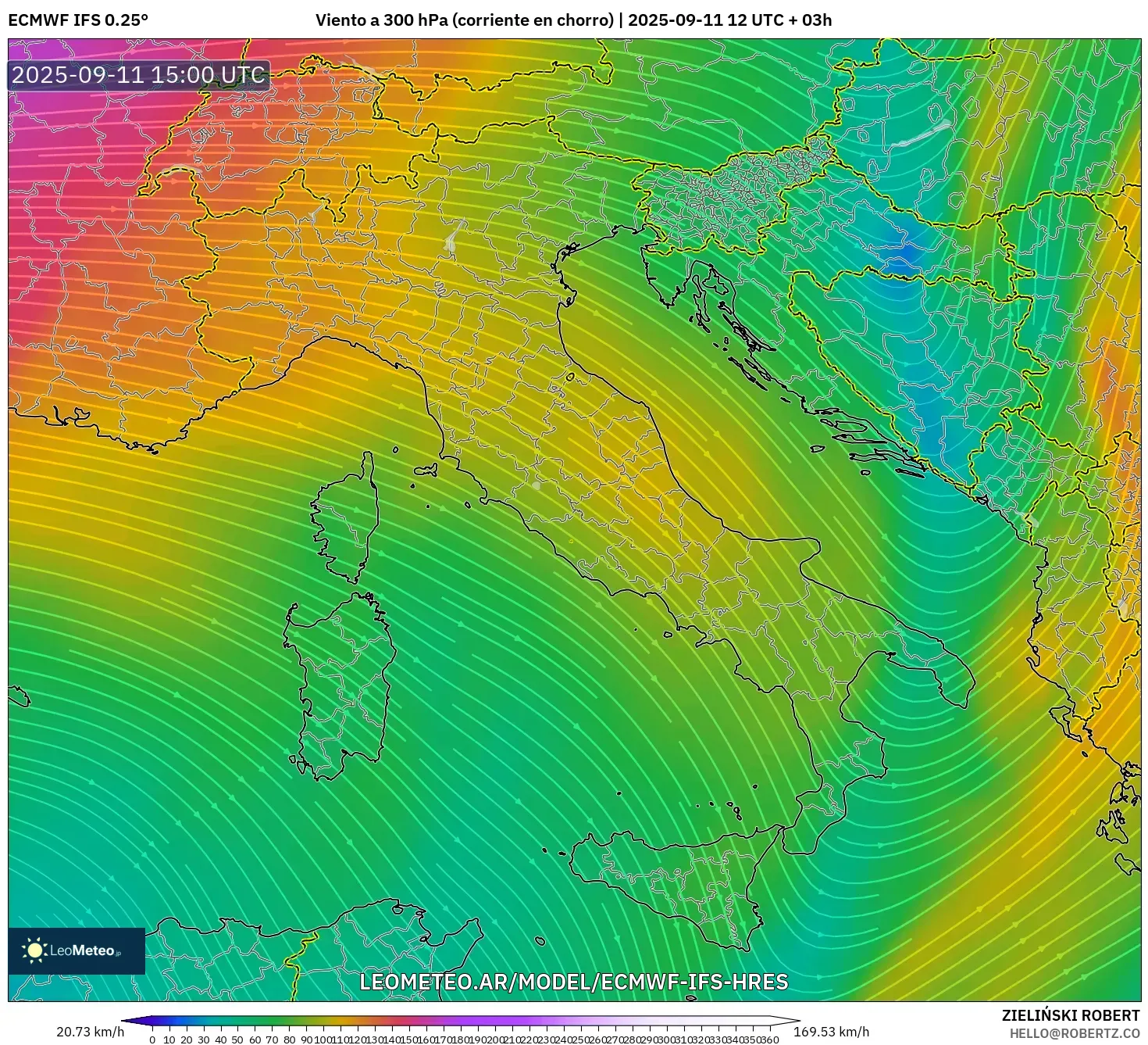 ECMWF IFS 0.25° model - Italia, Viento a 300 hPa (corriente en chorro)