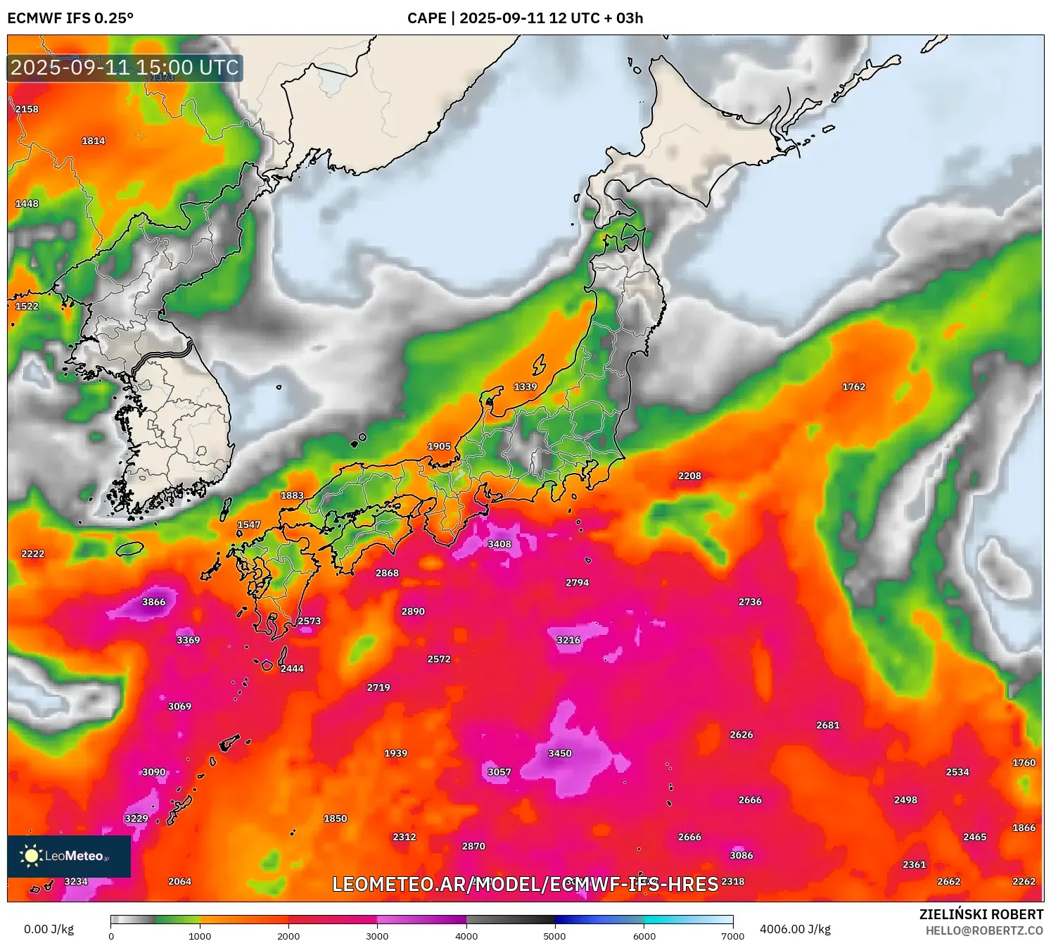 ECMWF IFS 0.25° model - Japón, CAPE ECMWF IFS 0.25° model - Japón, CAPE