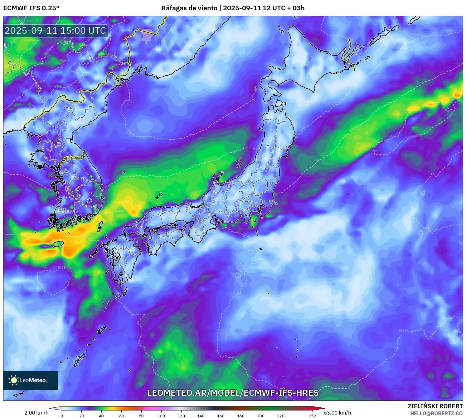 ECMWF IFS 0.25° model - Japón, Ráfagas de viento ECMWF IFS 0.25° model - Japón, Ráfagas de viento