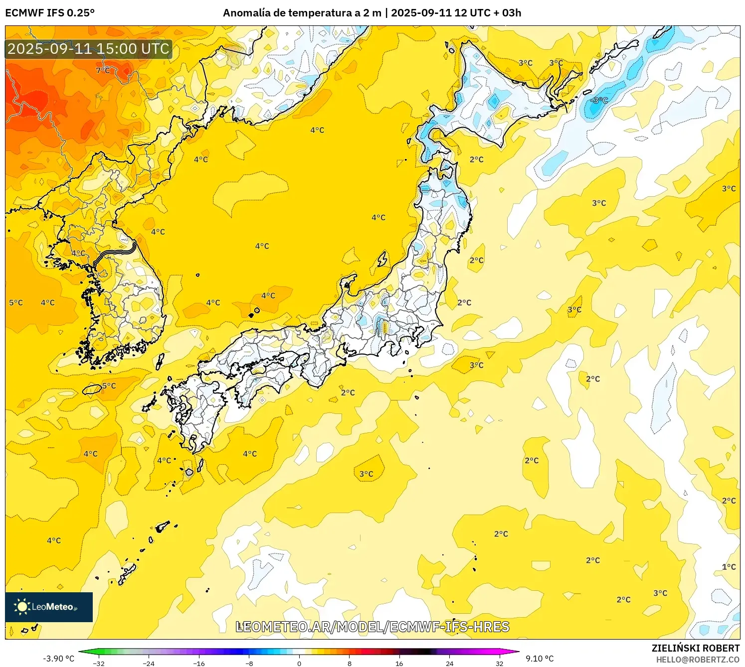 ECMWF IFS 0.25° model - Japón, Anomalía de temperatura a 2 m