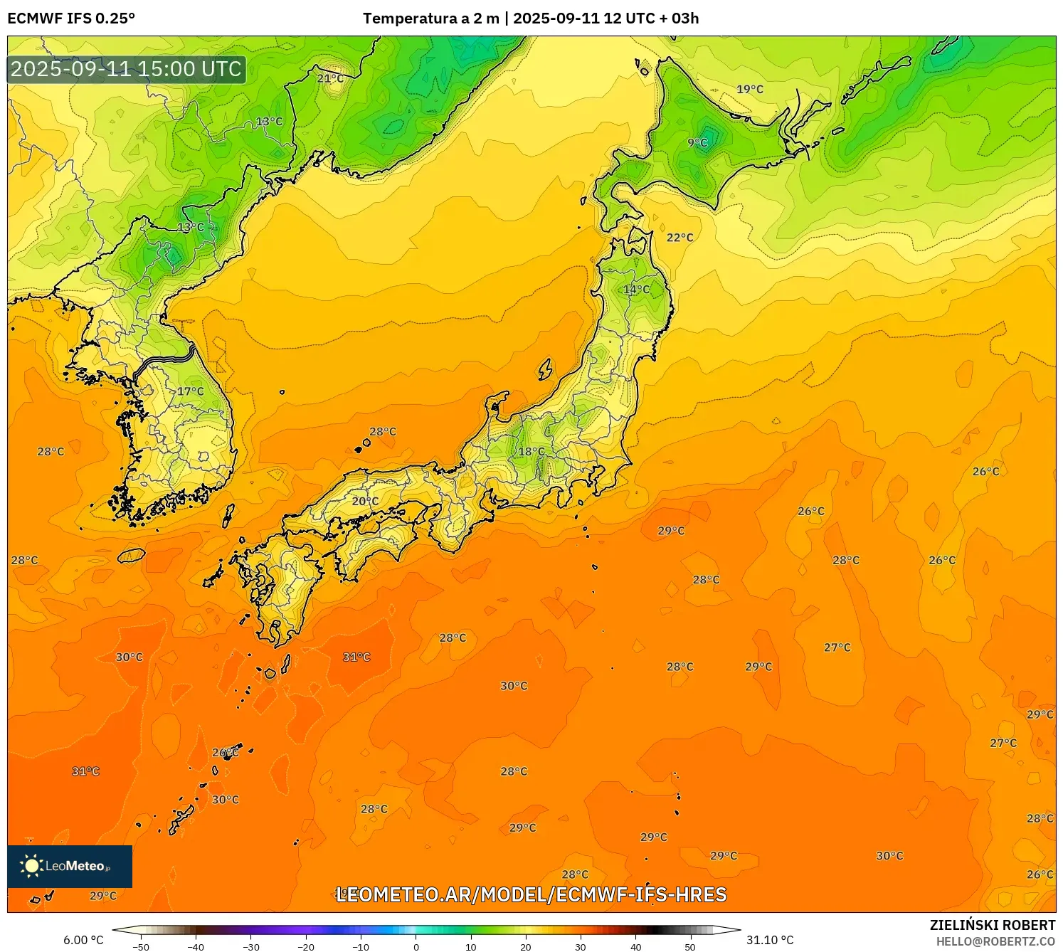 ECMWF IFS 0.25° model - Japón, Temperatura a 2 m ECMWF IFS 0.25° model - Japón, Temperatura a 2 m