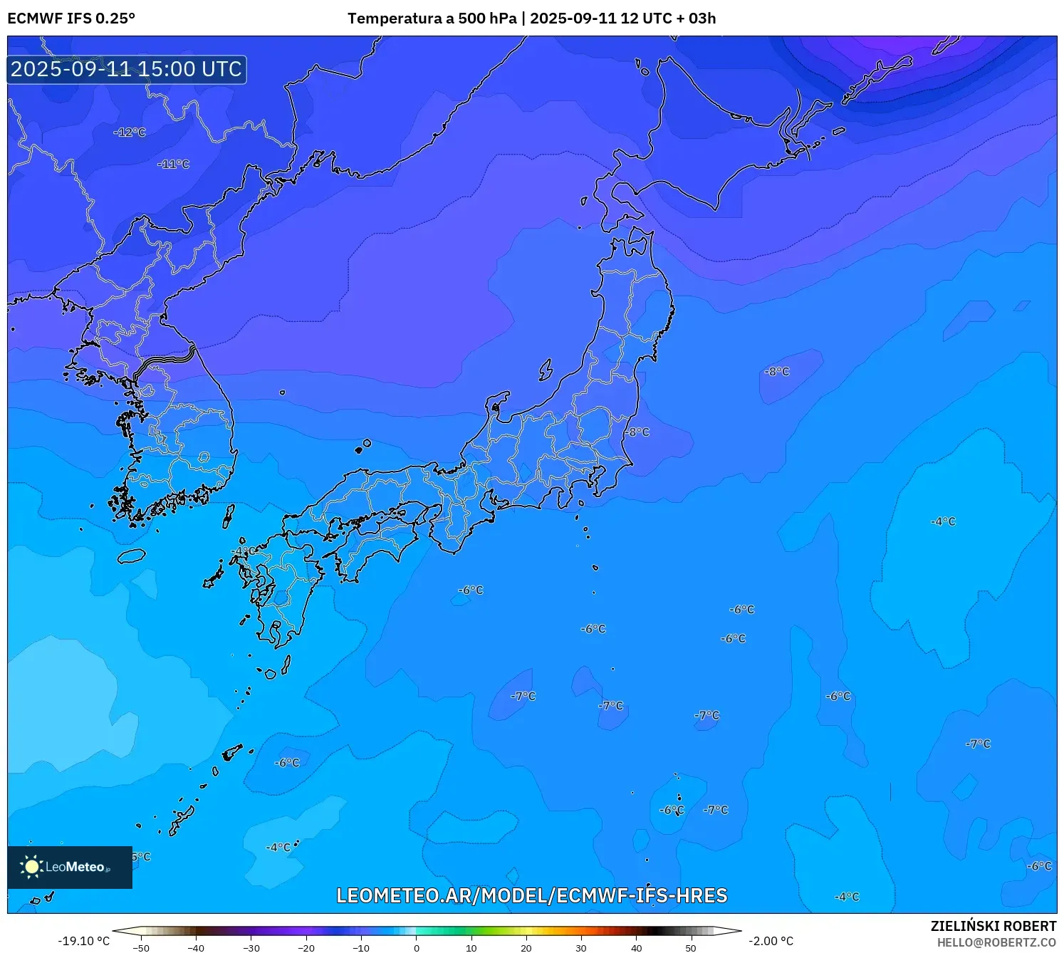 ECMWF IFS 0.25° model - Japón, Temperatura a 500 hPa ECMWF IFS 0.25° model - Japón, Temperatura a 500 hPa