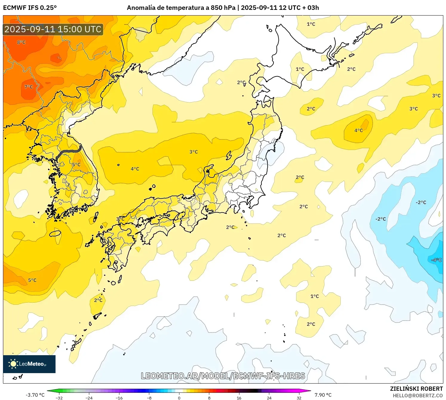 ECMWF IFS 0.25° model - Japón, Anomalía de temperatura a 850 hPa