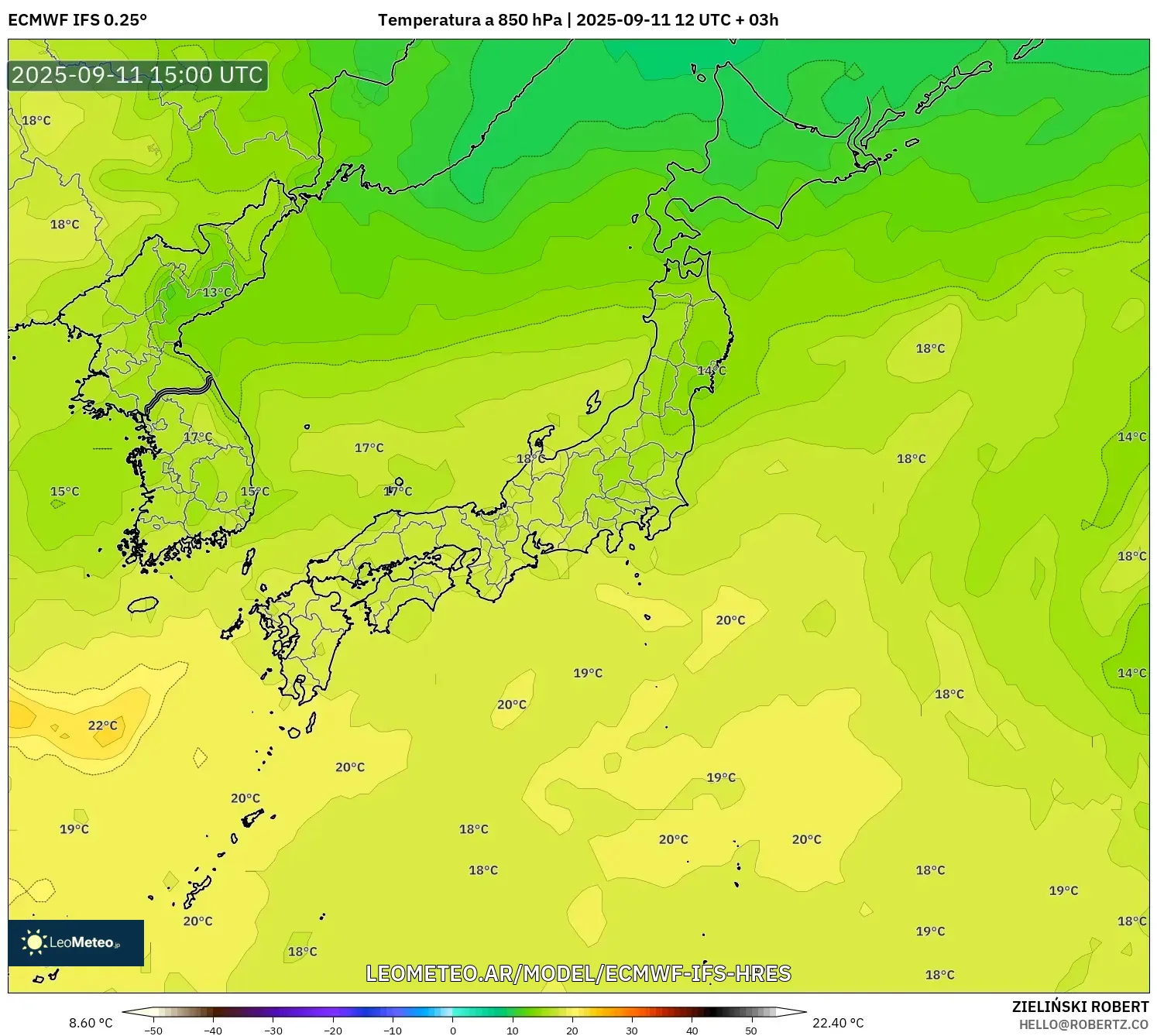 ECMWF IFS 0.25° model - Japón, Temperatura a 850 hPa