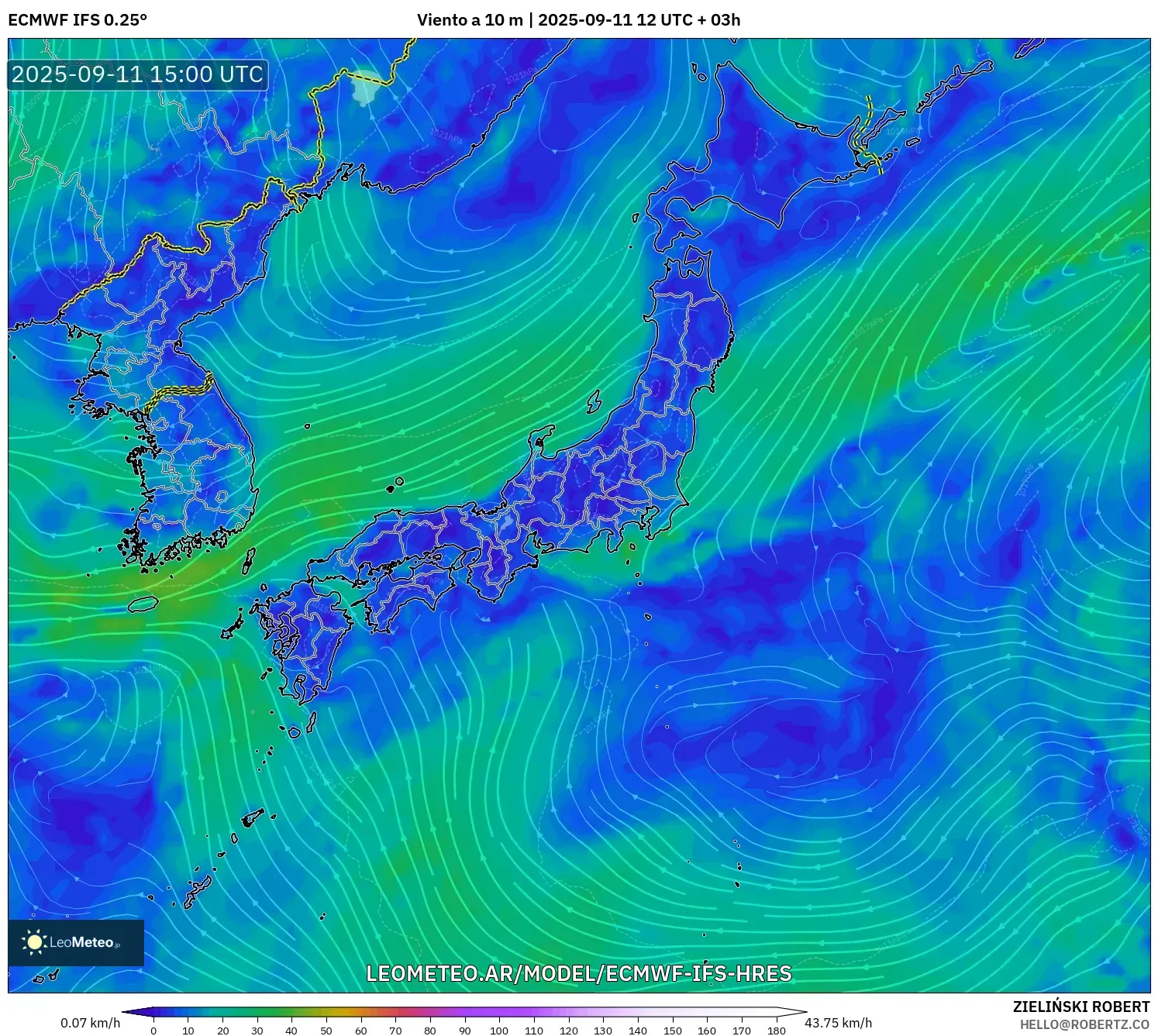 ECMWF IFS 0.25° model - Japón, Viento a 10 m ECMWF IFS 0.25° model - Japón, Viento a 10 m