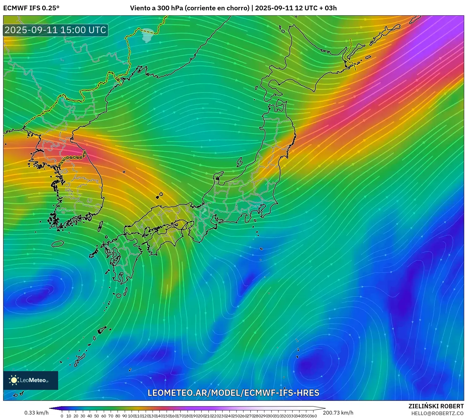 ECMWF IFS 0.25° model - Japón, Viento a 300 hPa (corriente en chorro) ECMWF IFS 0.25° model - Japón, Viento a 300 hPa (corriente en chorro)