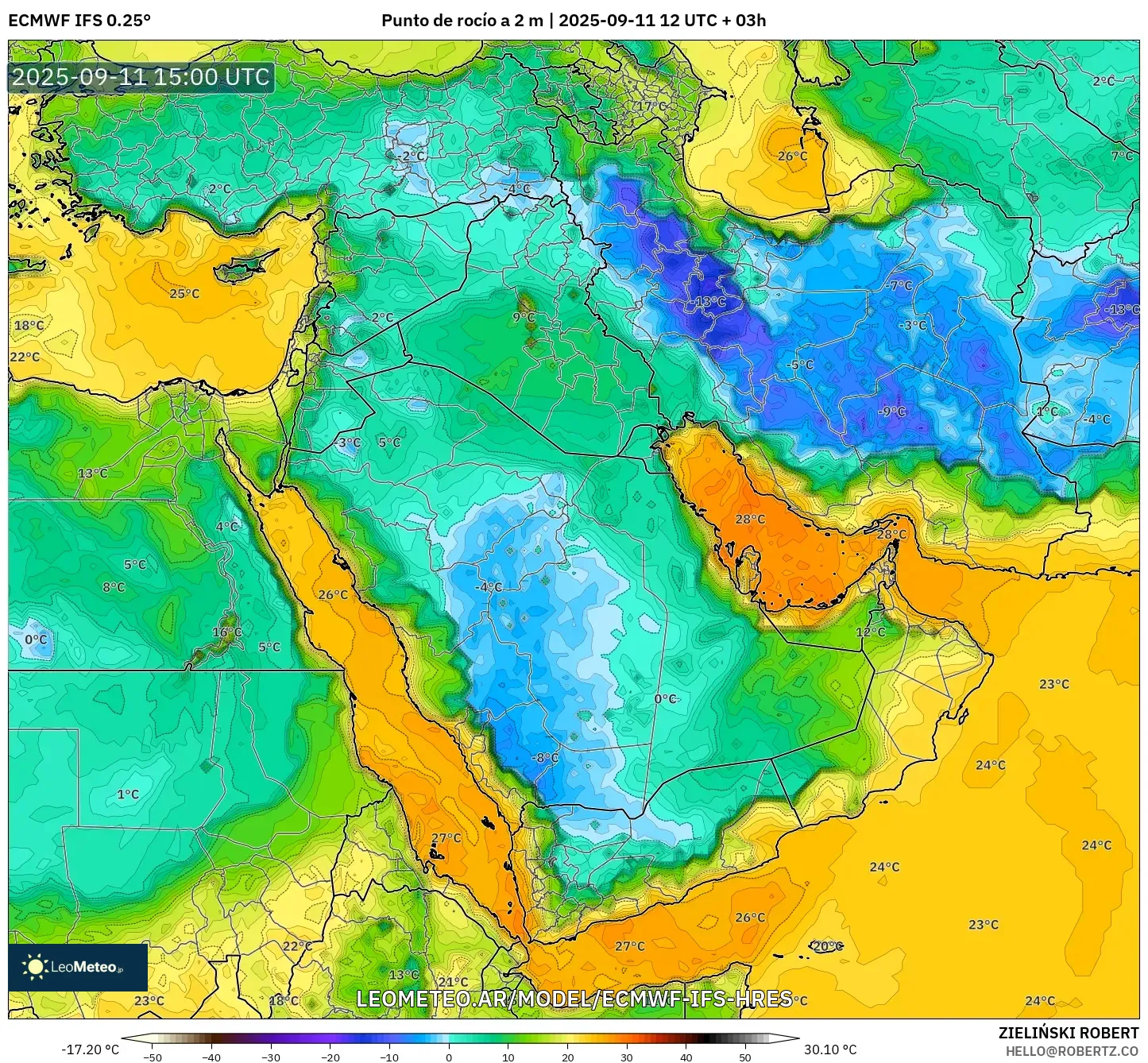 ECMWF IFS 0.25° model - Oriente Medio, Punto de rocío a 2 m ECMWF IFS 0.25° model - Oriente Medio, Punto de rocío a 2 m