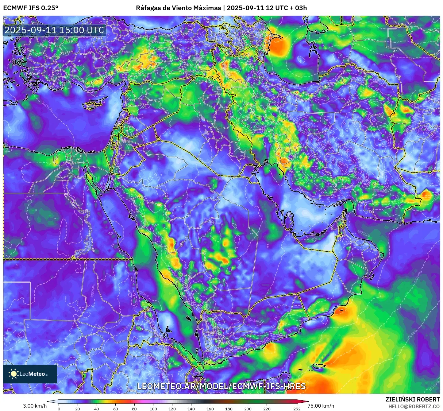 ECMWF IFS 0.25° model - Oriente Medio, Ráfagas de Viento Máximas ECMWF IFS 0.25° model - Oriente Medio, Ráfagas de Viento Máximas