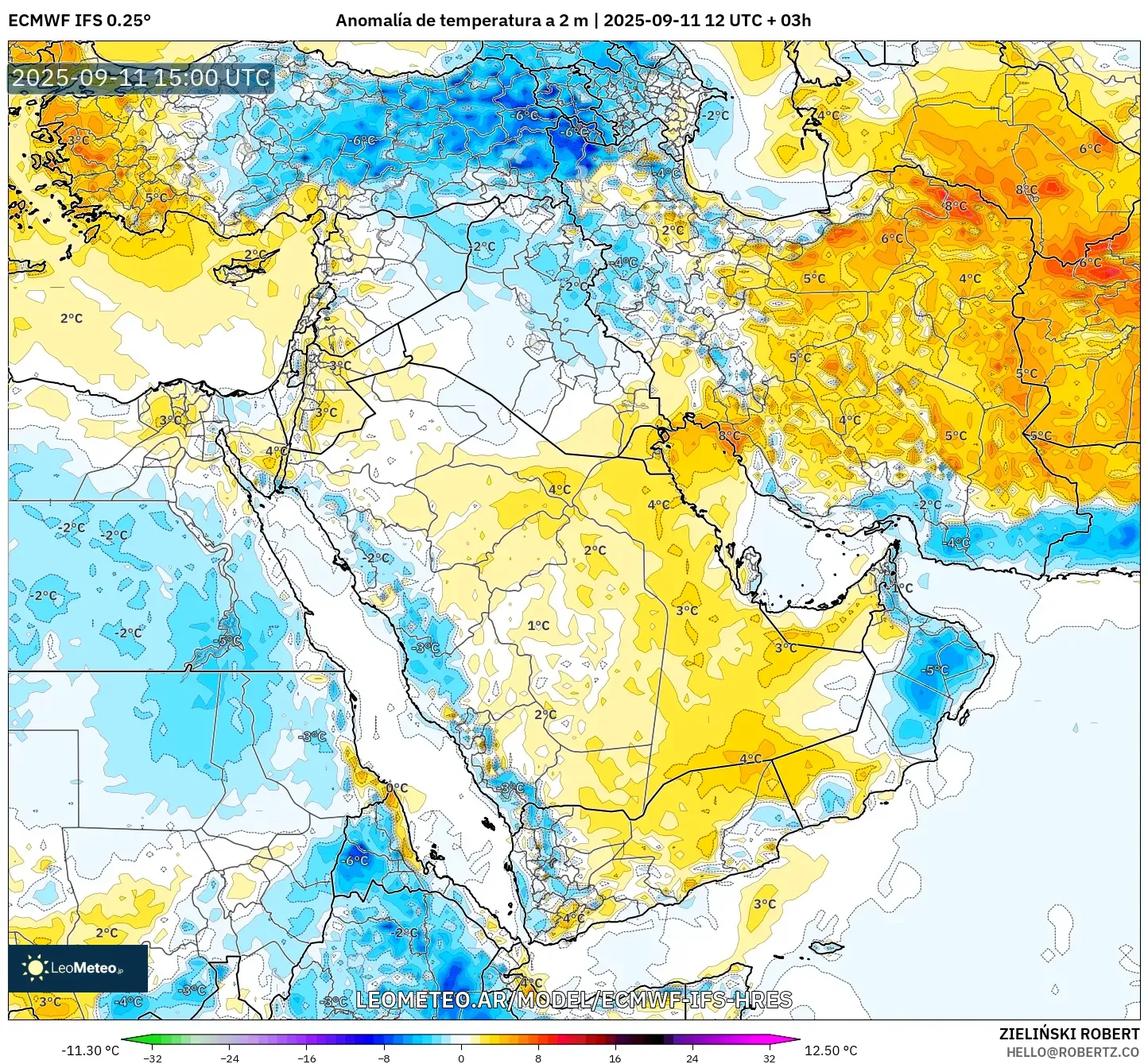 ECMWF IFS 0.25° model - Oriente Medio, Anomalía de temperatura a 2 m