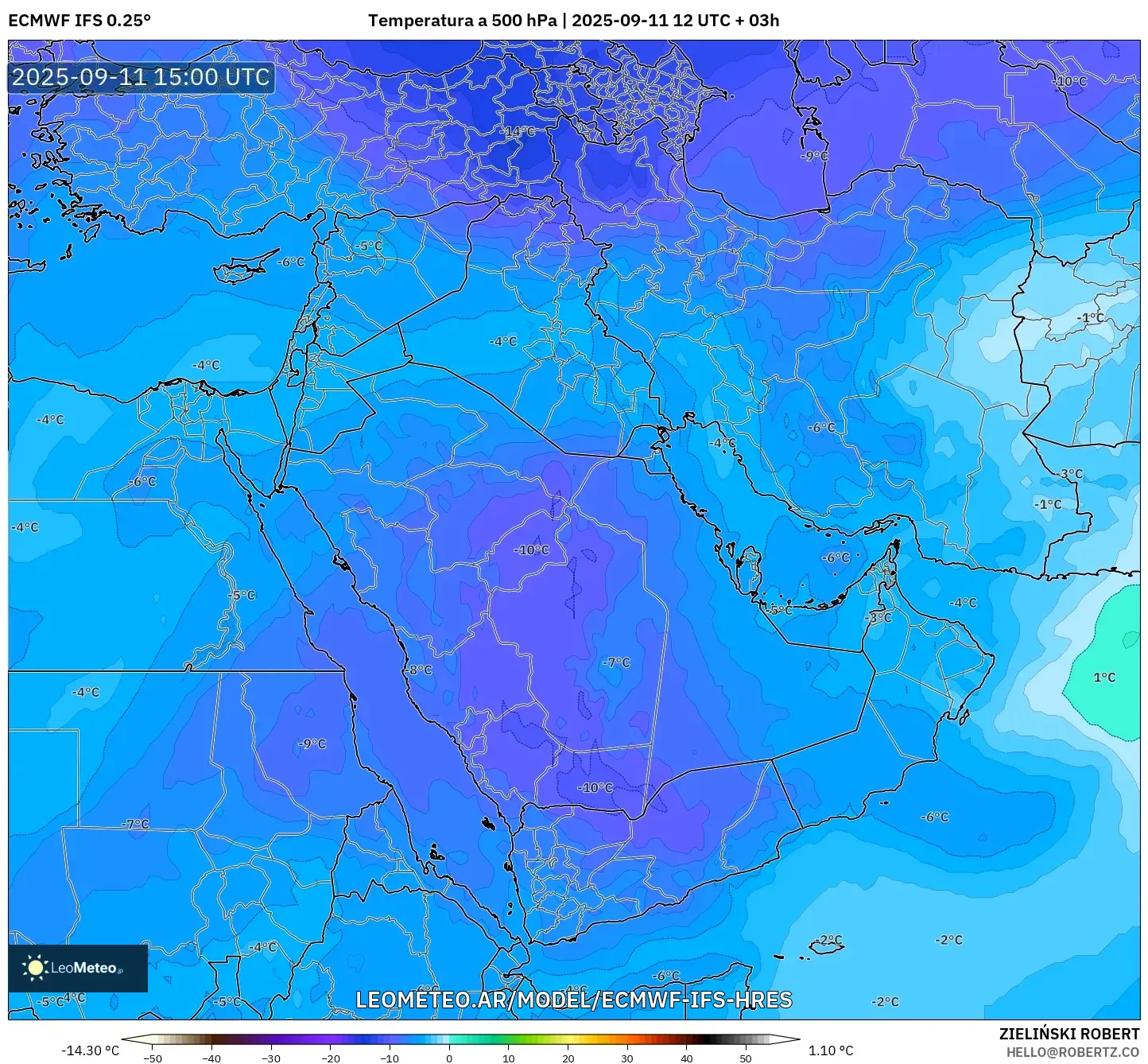 ECMWF IFS 0.25° model - Oriente Medio, Temperatura a 500 hPa