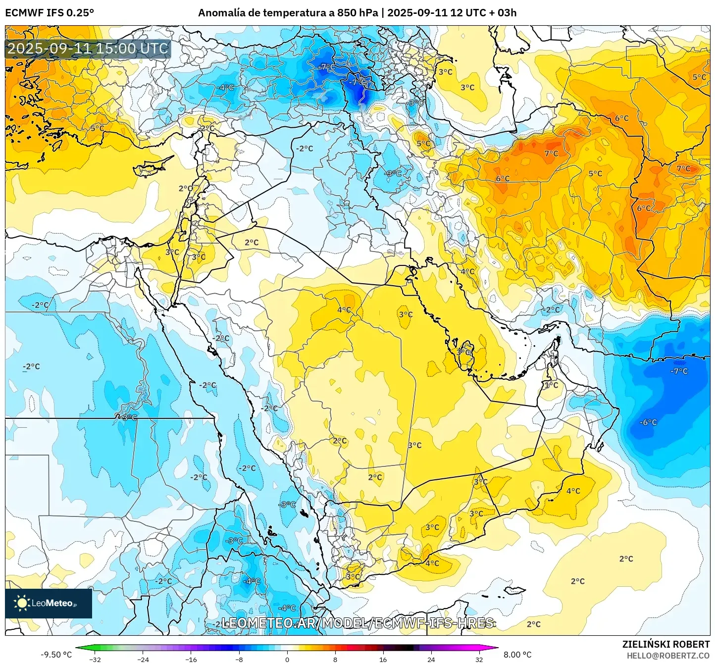 ECMWF IFS 0.25° model - Oriente Medio, Anomalía de temperatura a 850 hPa ECMWF IFS 0.25° model - Oriente Medio, Anomalía de temperatura a 850 hPa