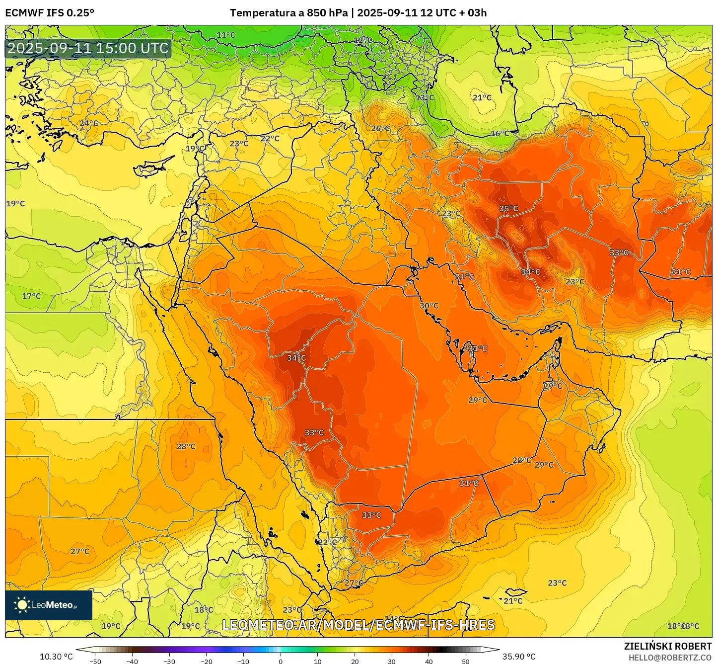 ECMWF IFS 0.25° model - Oriente Medio, Temperatura a 850 hPa