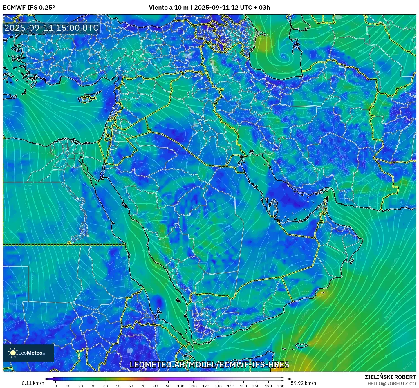 ECMWF IFS 0.25° model - Oriente Medio, Viento a 10 m
