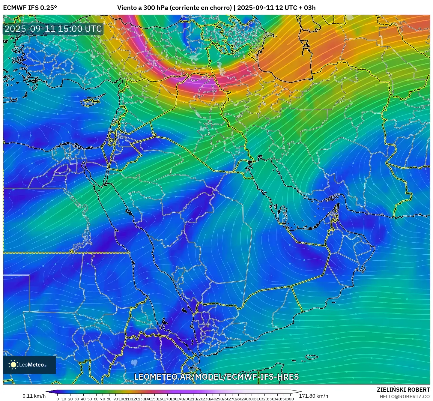 ECMWF IFS 0.25° model - Oriente Medio, Viento a 300 hPa (corriente en chorro)