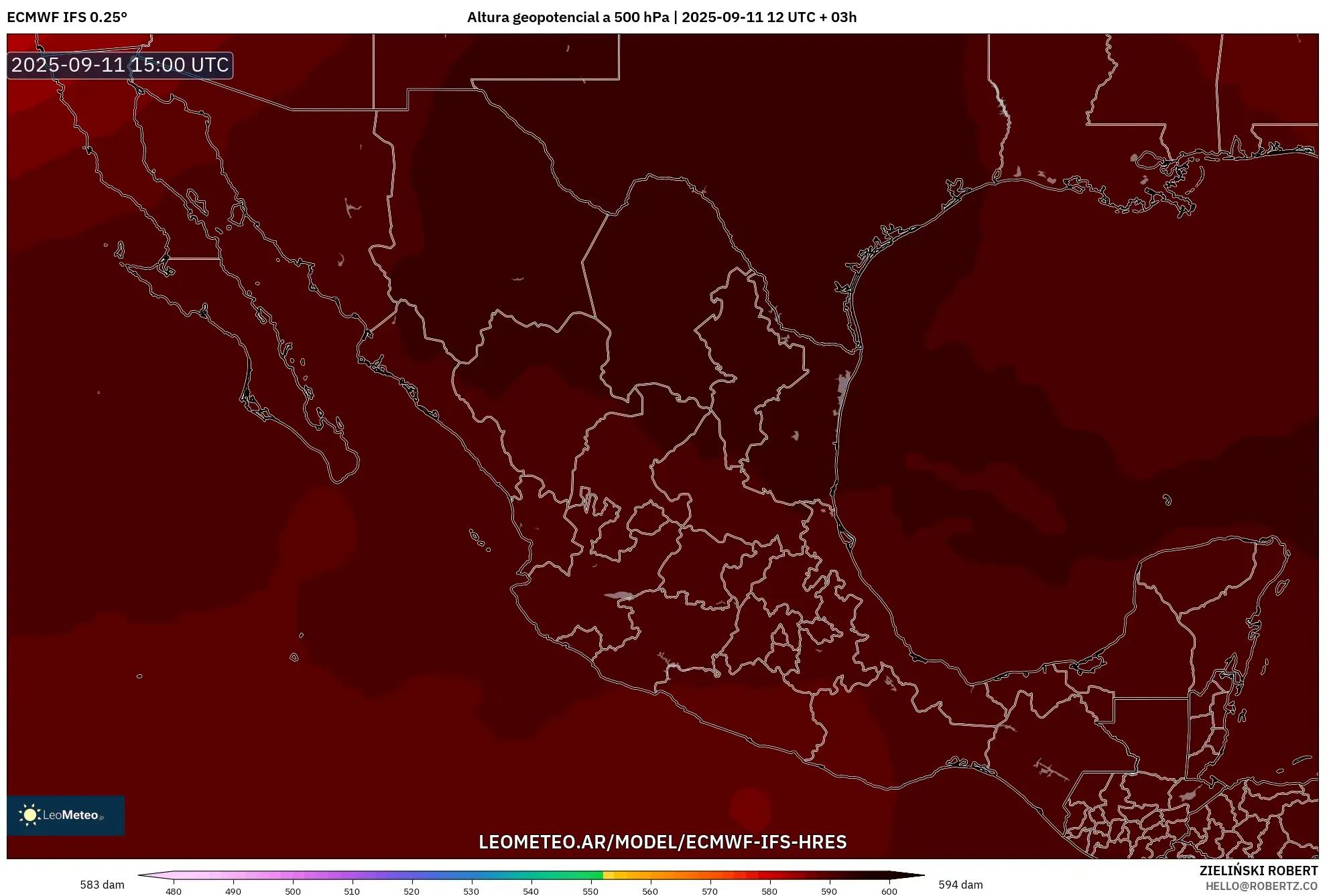 ECMWF IFS 0.25° model - México, Altura geopotencial a 500 hPa