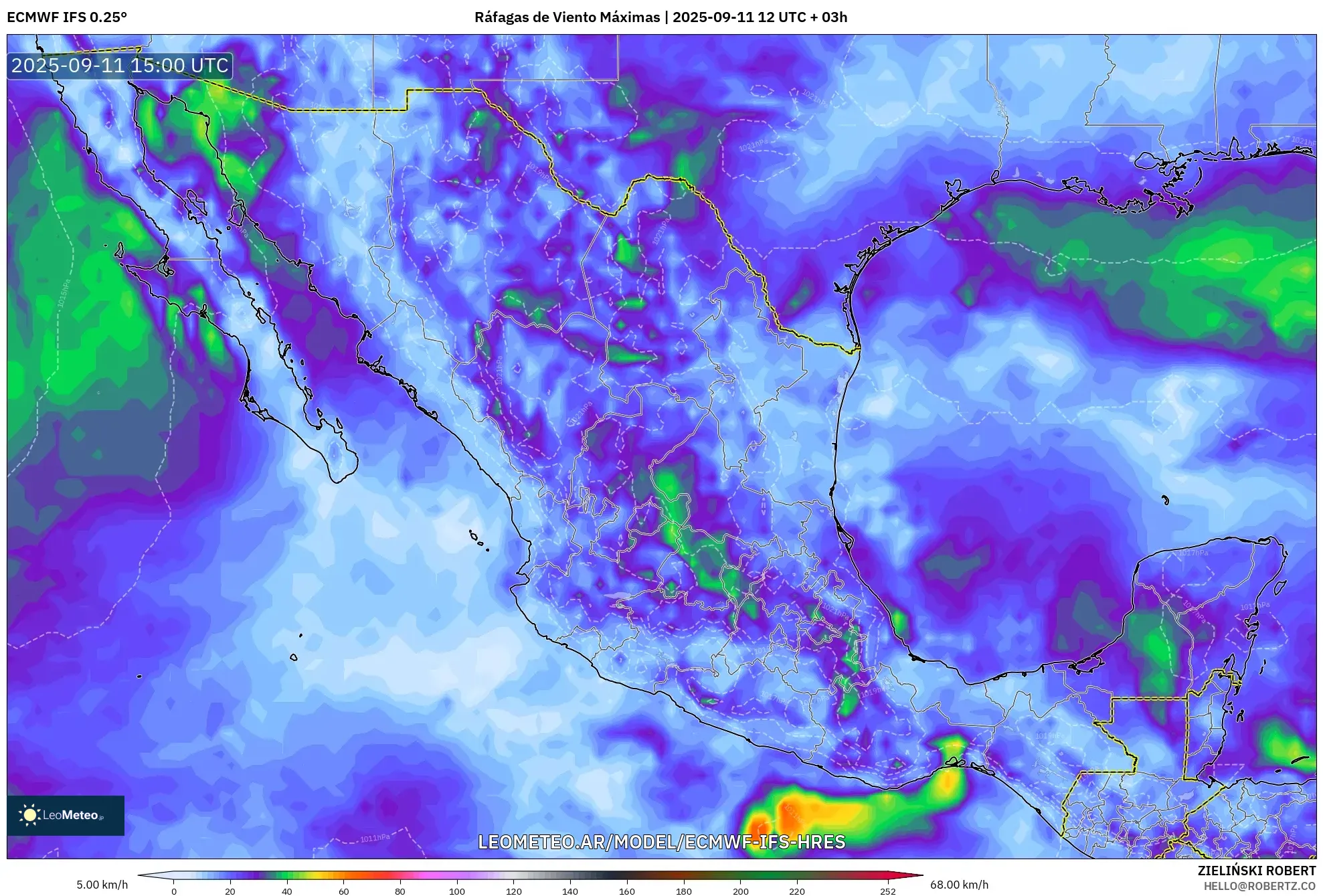 ECMWF IFS 0.25° model - México, Ráfagas de Viento Máximas ECMWF IFS 0.25° model - México, Ráfagas de Viento Máximas