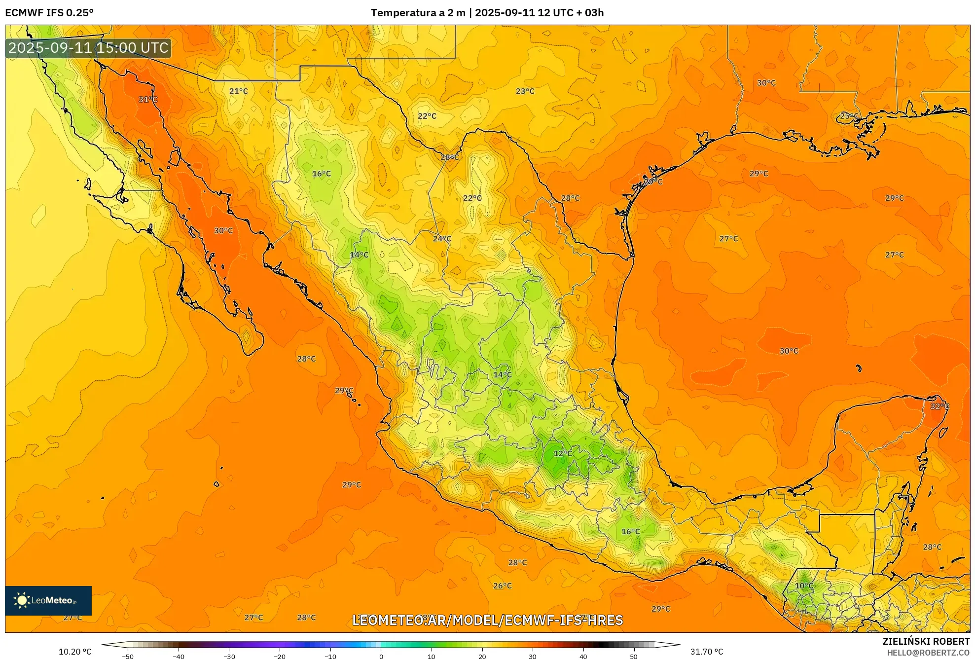 ECMWF IFS 0.25° model - México, Temperatura a 2 m
