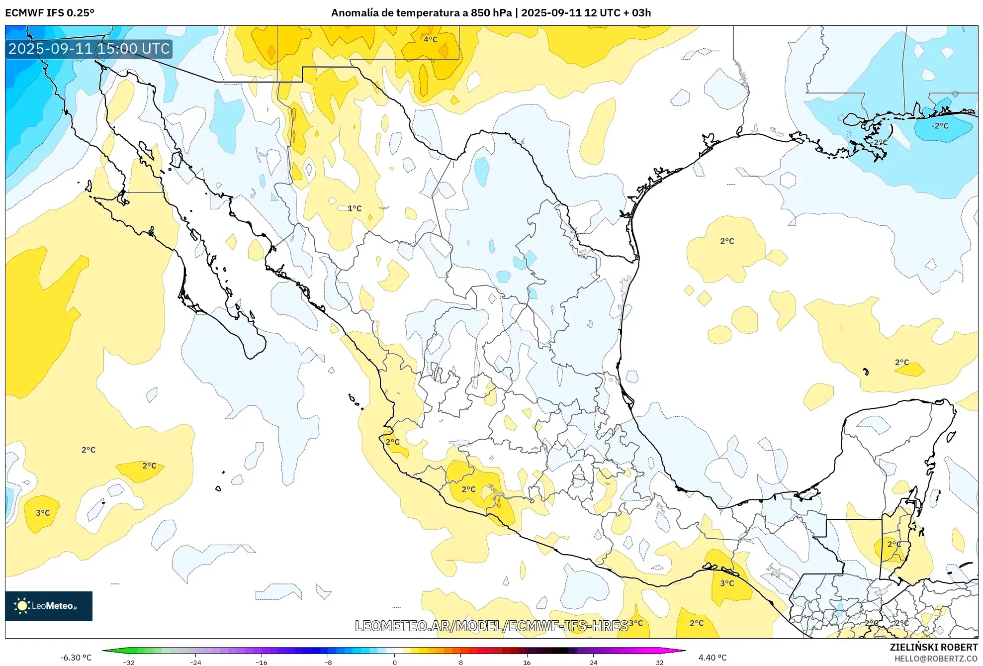 ECMWF IFS 0.25° model - México, Anomalía de temperatura a 850 hPa ECMWF IFS 0.25° model - México, Anomalía de temperatura a 850 hPa
