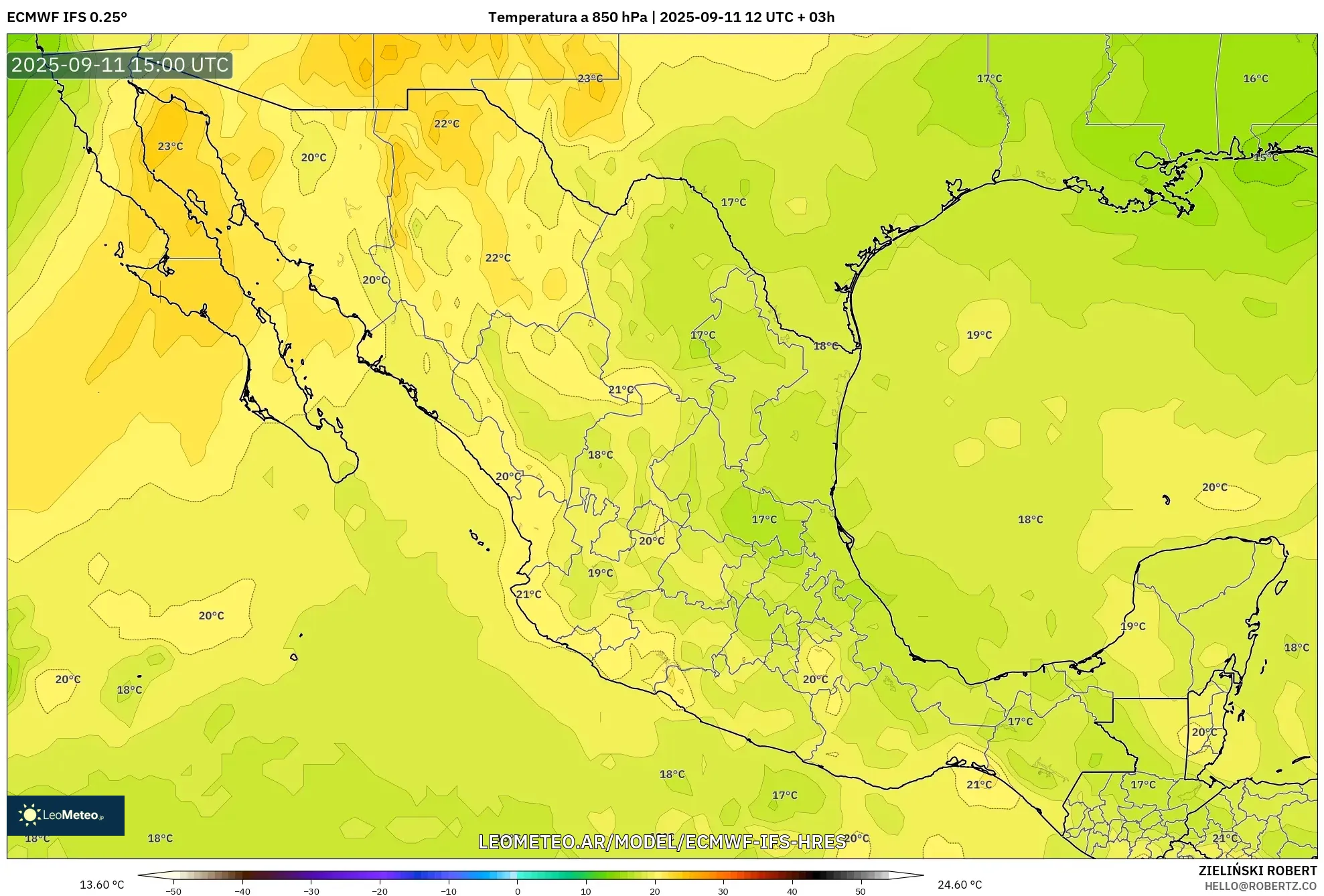ECMWF IFS 0.25° model - México, Temperatura a 850 hPa ECMWF IFS 0.25° model - México, Temperatura a 850 hPa