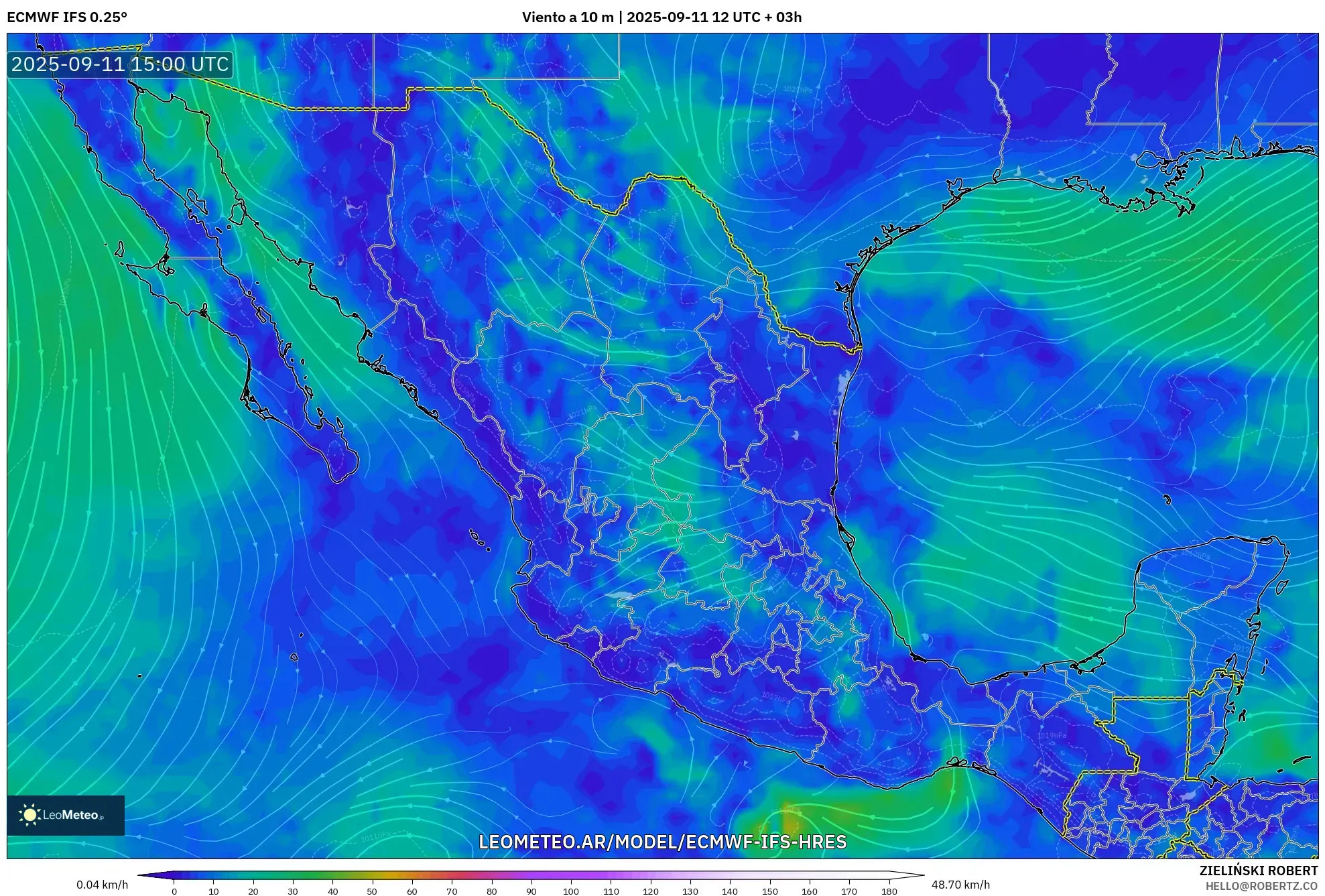 ECMWF IFS 0.25° model - México, Viento a 10 m ECMWF IFS 0.25° model - México, Viento a 10 m