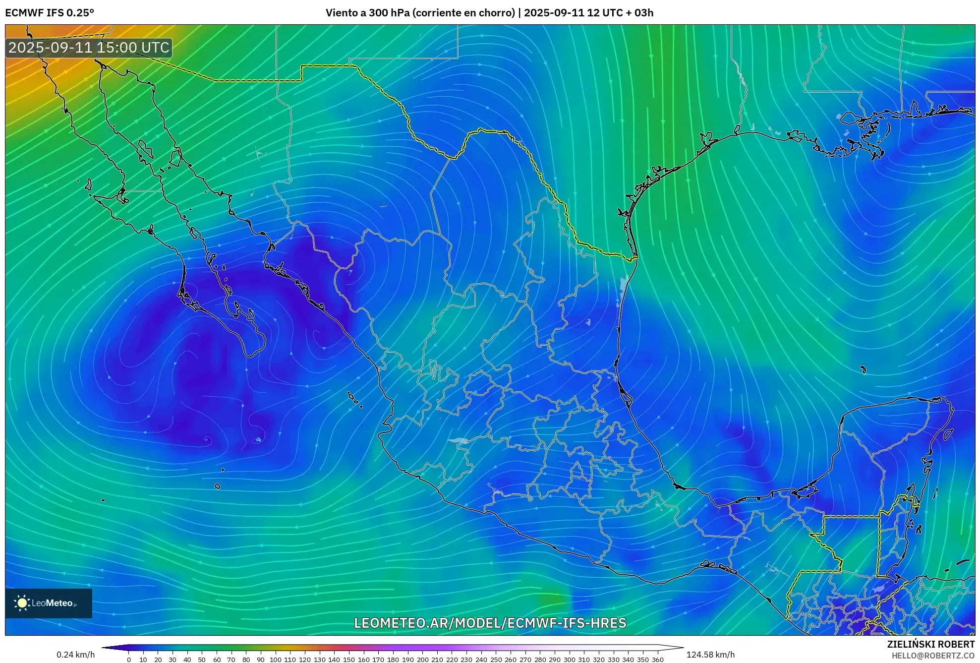 ECMWF IFS 0.25° model - México, Viento a 300 hPa (corriente en chorro)