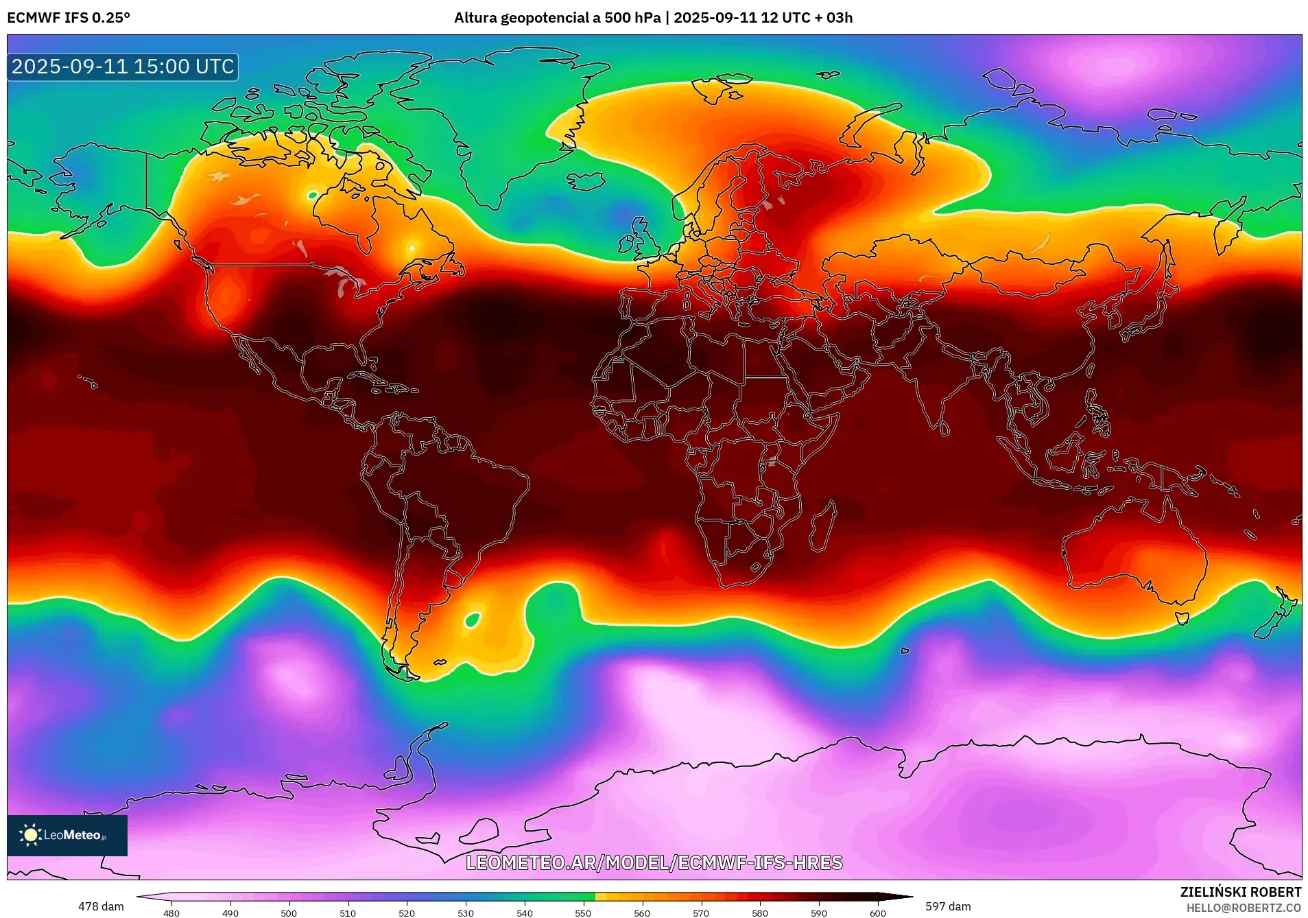ECMWF IFS 0.25° model - Mundo, Altura geopotencial a 500 hPa