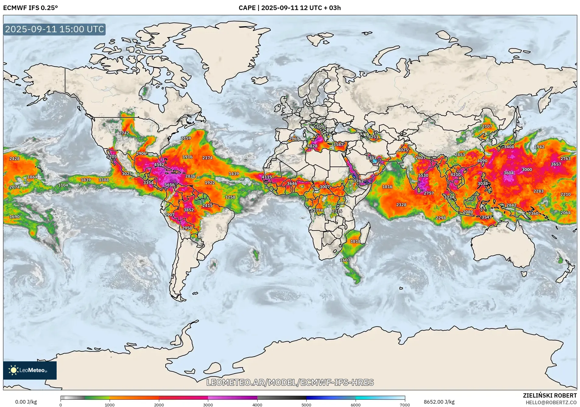 ECMWF IFS 0.25° model - Mundo, CAPE