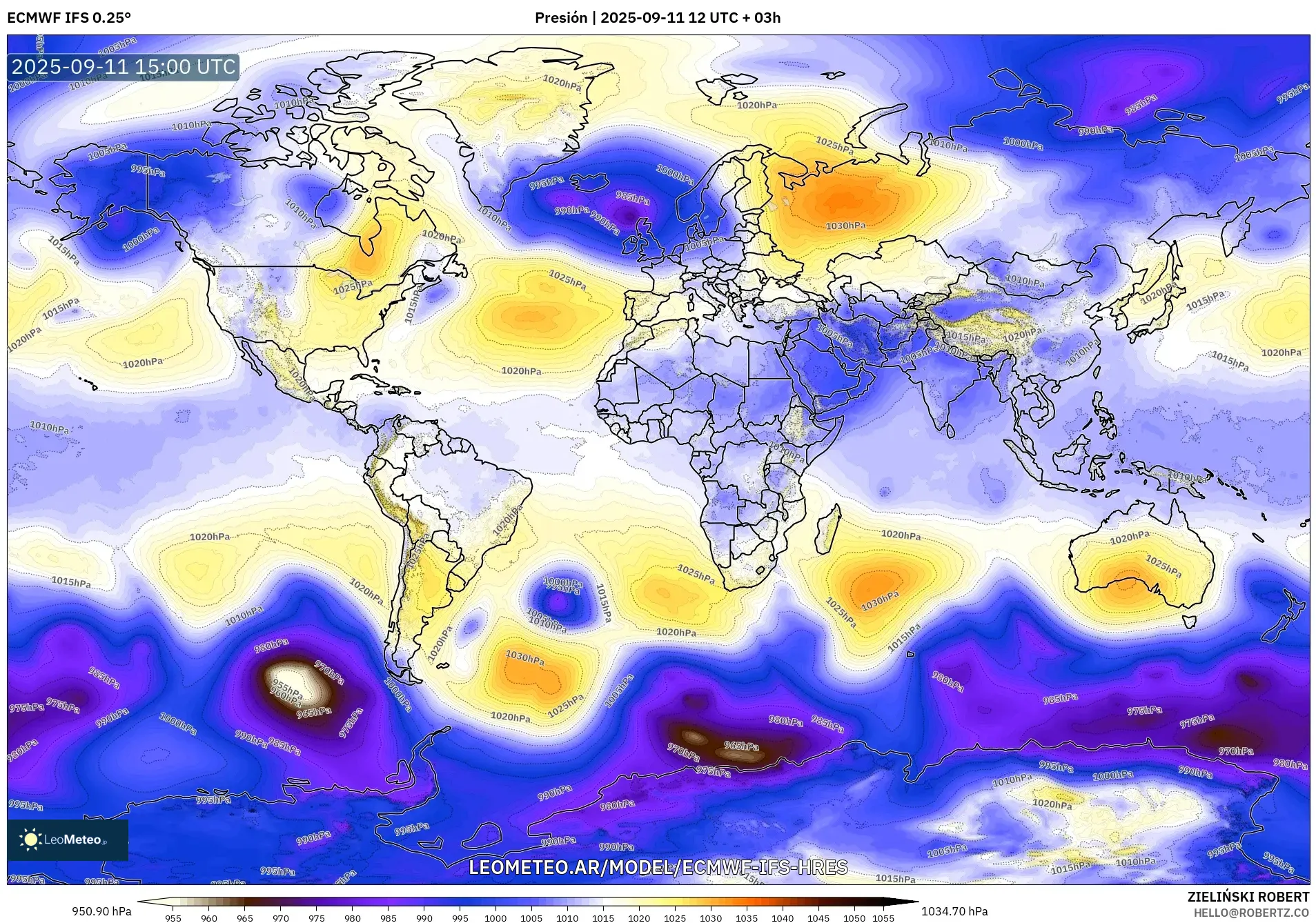 ECMWF IFS 0.25° model - Mundo, Presión