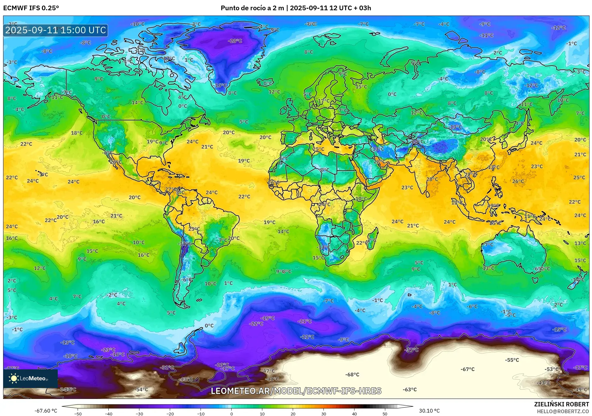 ECMWF IFS 0.25° model - Mundo, Punto de rocío a 2 m ECMWF IFS 0.25° model - Mundo, Punto de rocío a 2 m