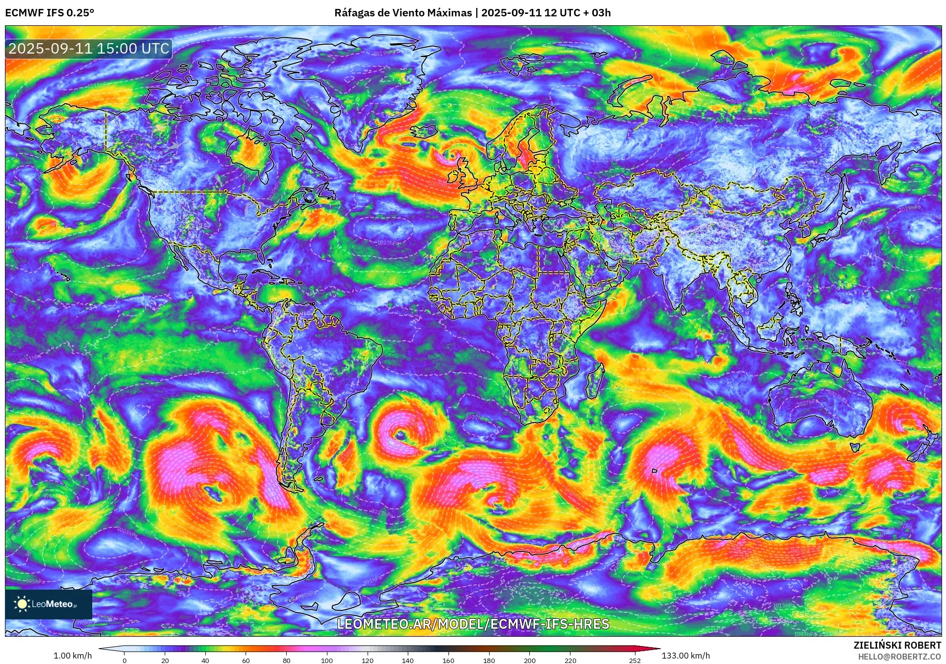 ECMWF IFS 0.25° model - Mundo, Ráfagas de Viento Máximas