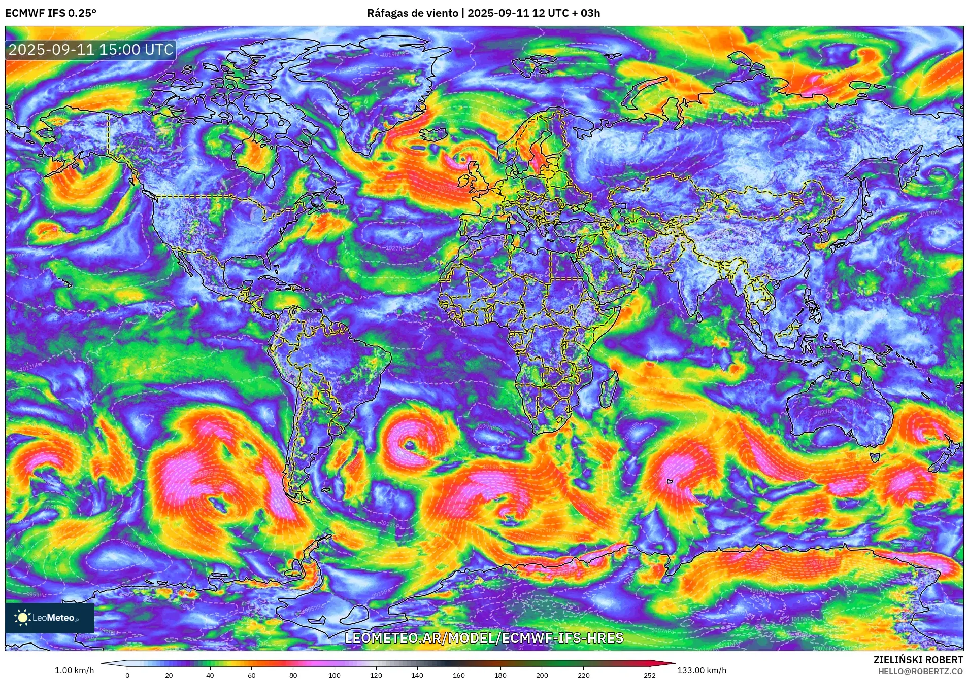 ECMWF IFS 0.25° model - Mundo, Ráfagas de viento