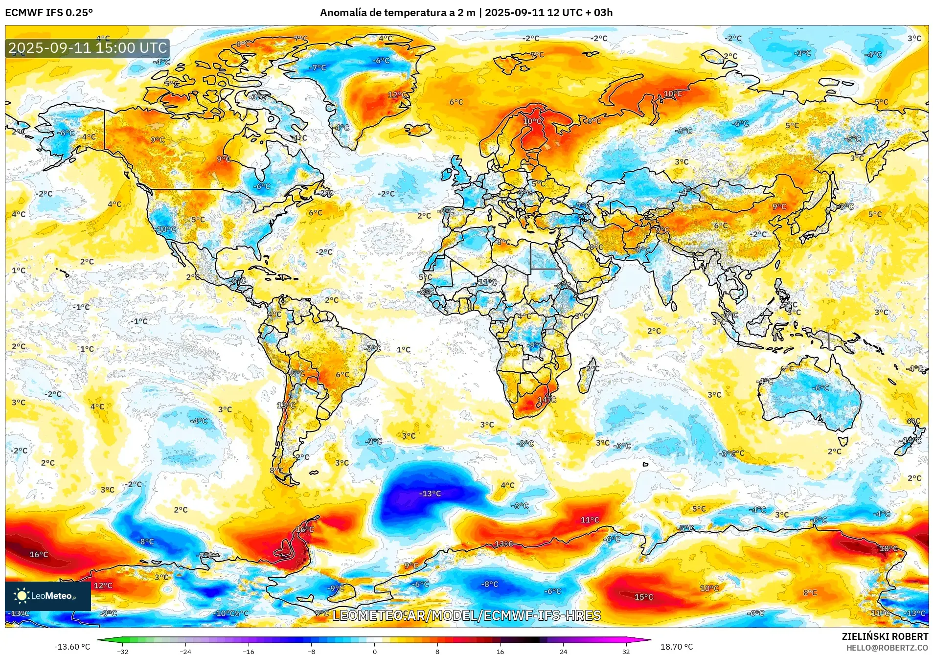 ECMWF IFS 0.25° model - Mundo, Anomalía de temperatura a 2 m