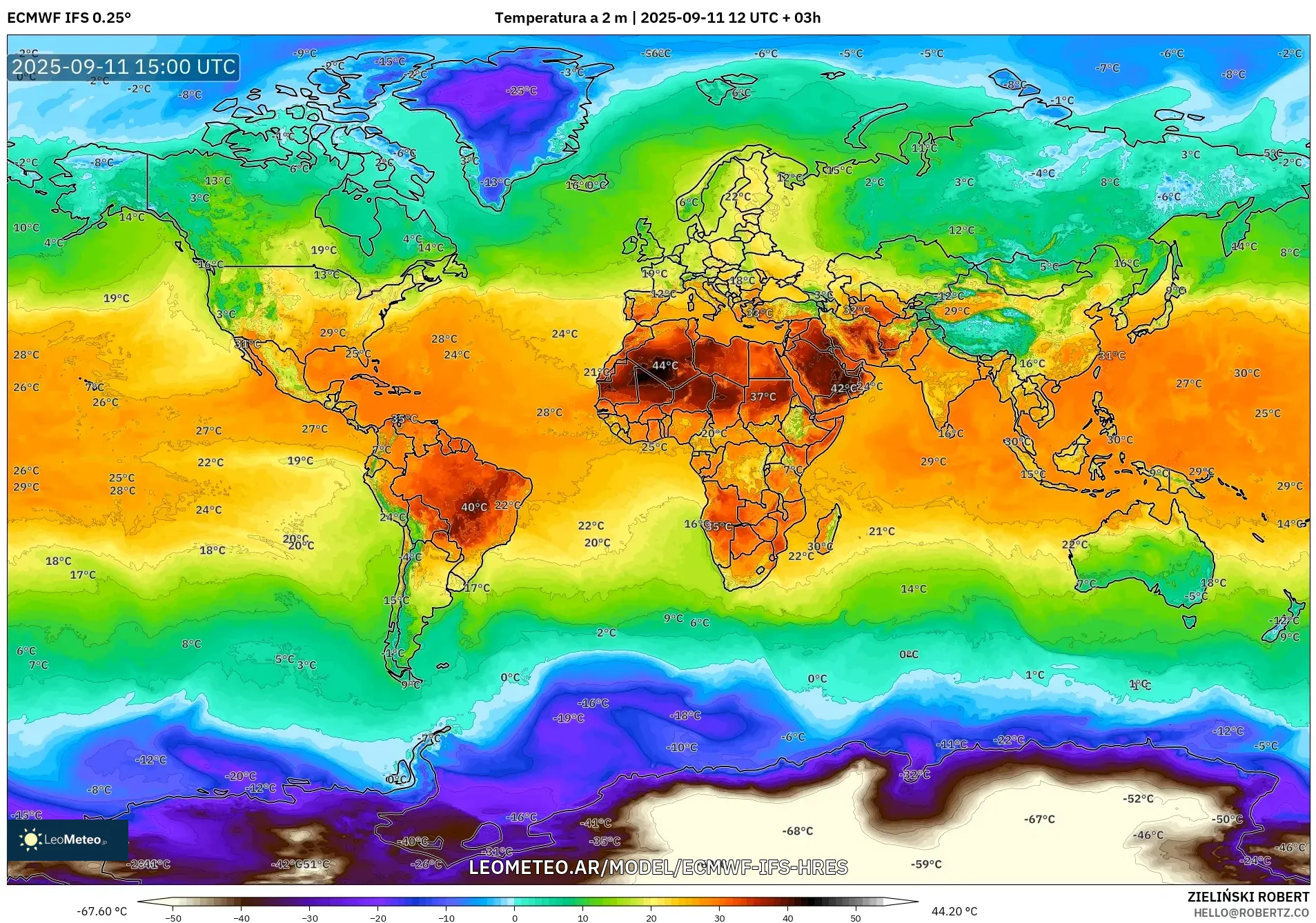 ECMWF IFS 0.25° model - Mundo, Temperatura a 2 m